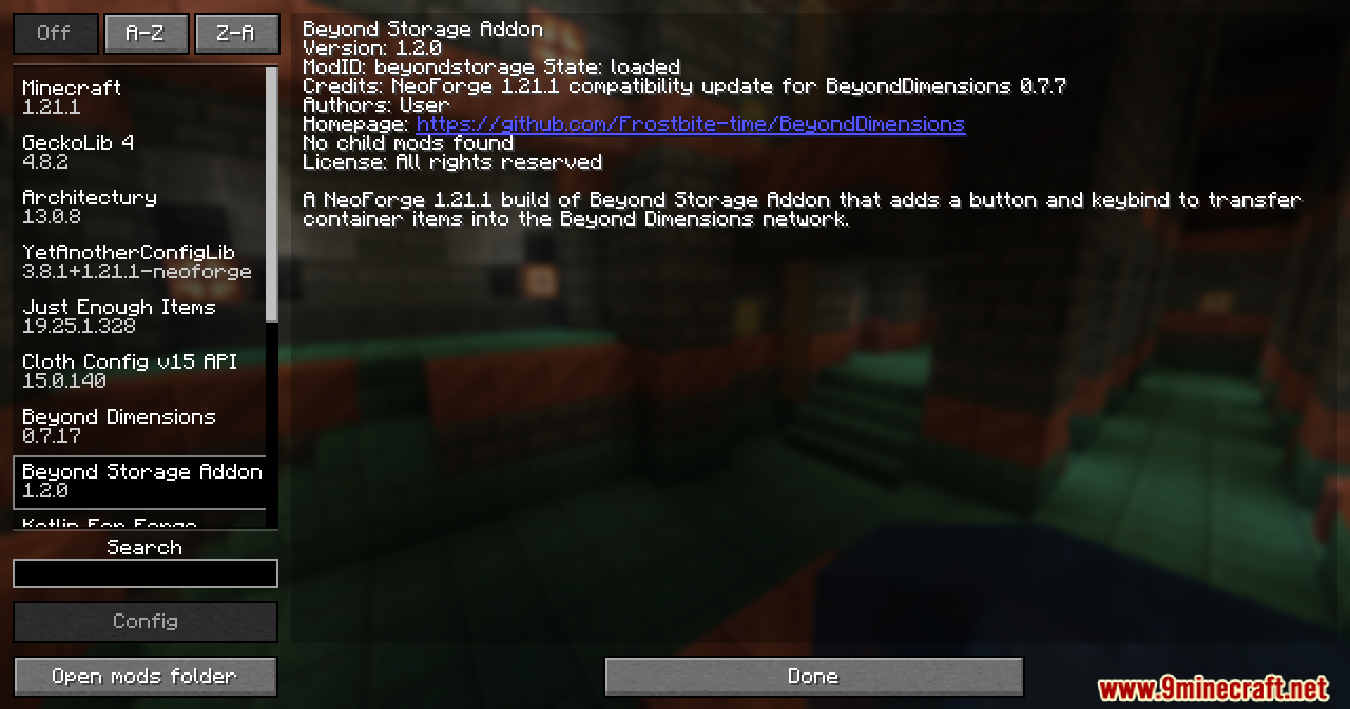 Mod menu showing Beyond Storage Addon details and description