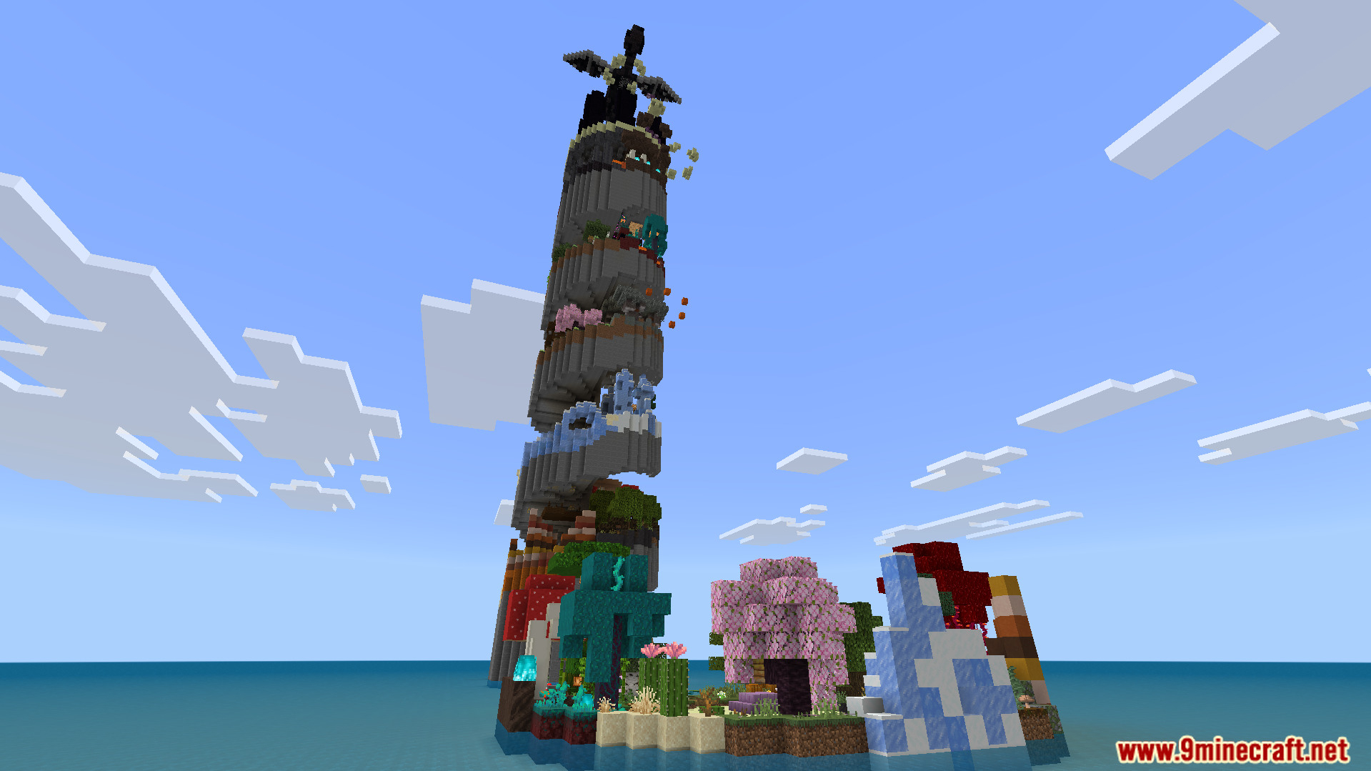 A giant parkour tower floats in the sky with many biomes