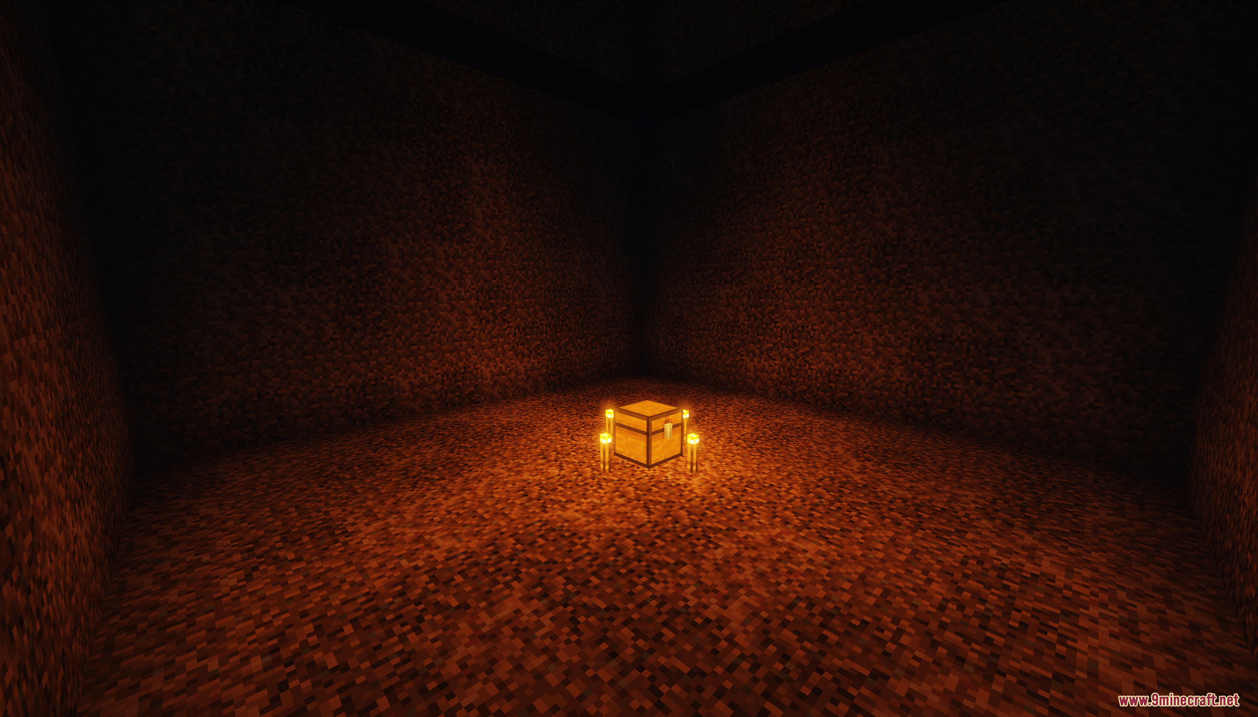 A single chest lit by torches in a dark room