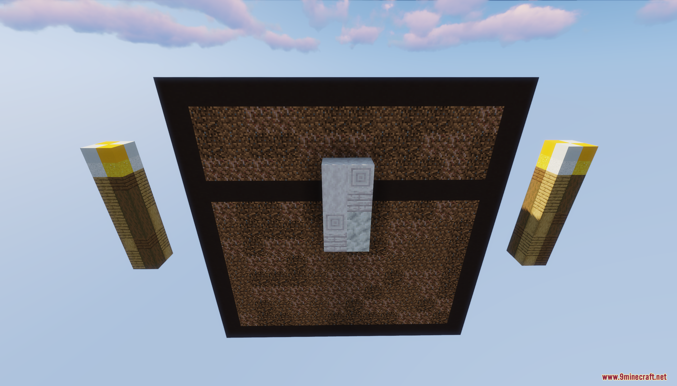 A giant floating bonus chest and torches in the sky