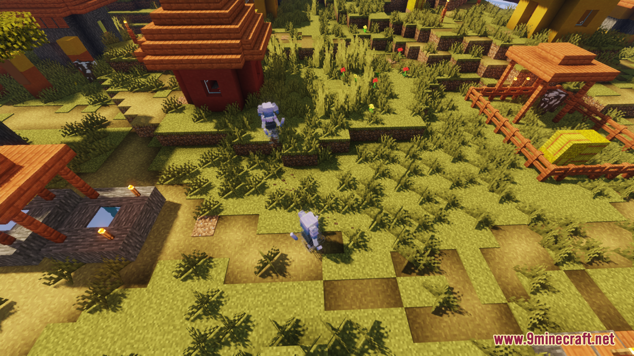 Breeze Girl Resource Pack Screenshot 11 Two feminine breeze mobs wandering through a savanna village environment