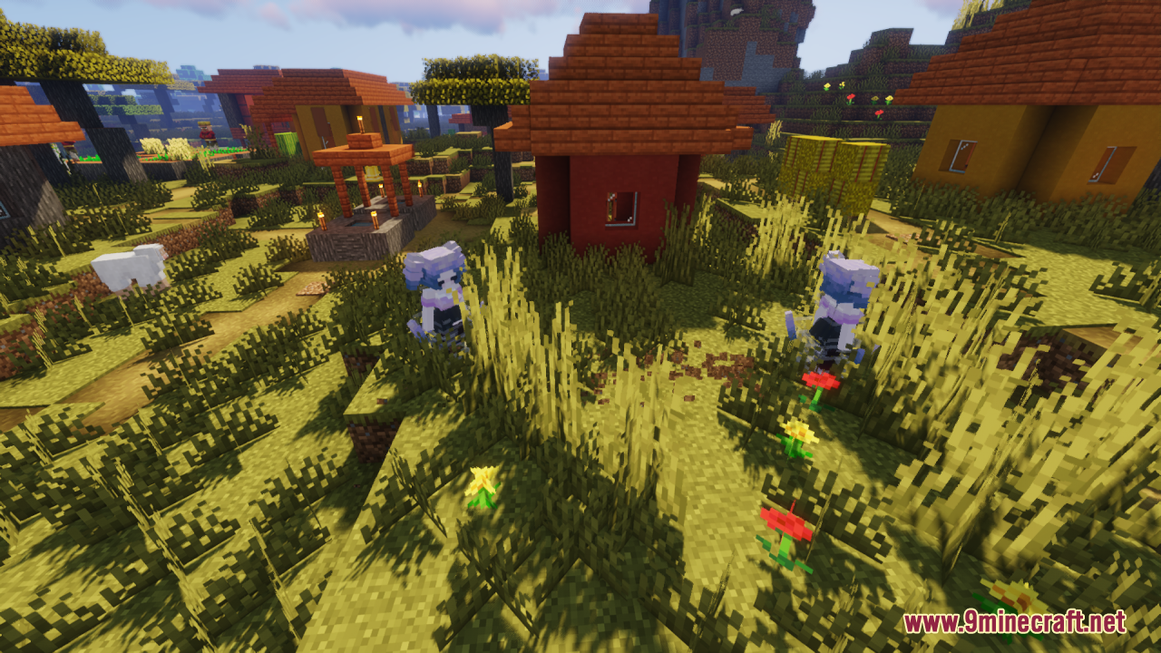 Breeze Girl Resource Pack Screenshot 12 Feminine breeze mobs standing in tall grass near a red savanna village house