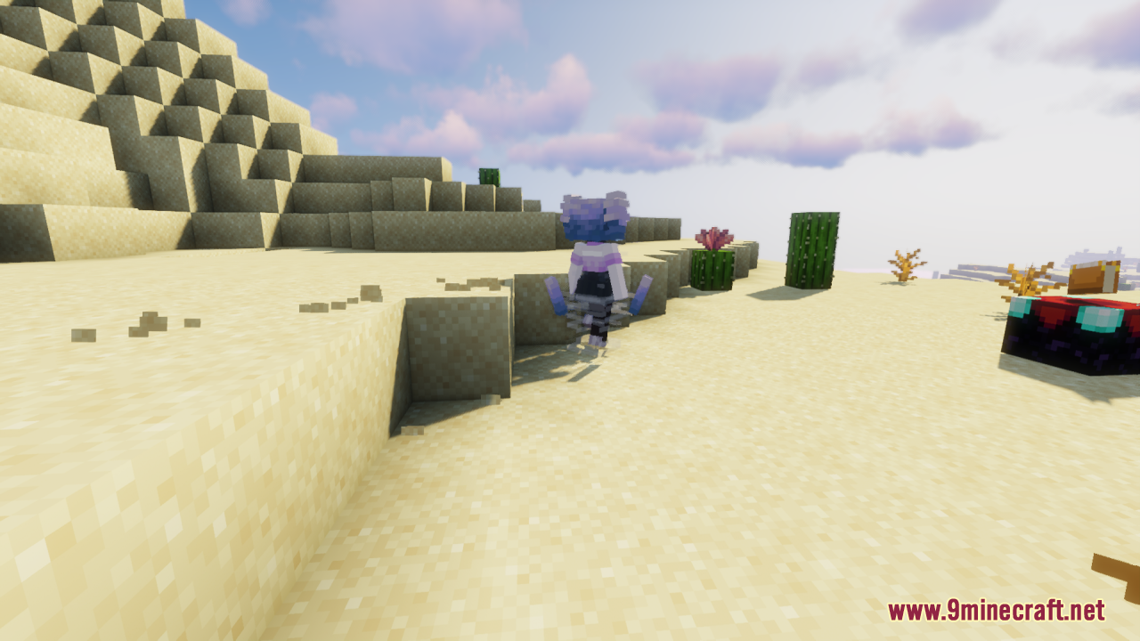 Breeze Girl Resource Pack Screenshot 2 The custom feminine Breeze mob exploring a sandy desert near an enchanting table