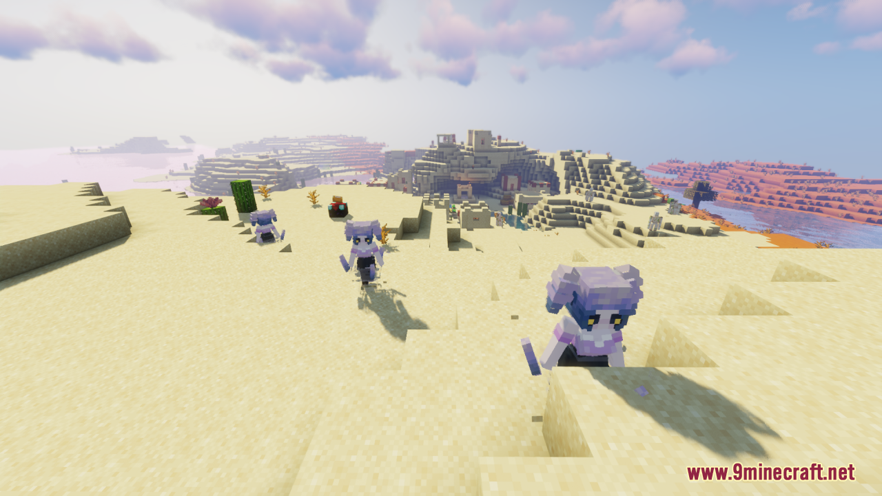 Breeze Girl Resource Pack Screenshot 3 Several feminine Breeze mobs wandering in a sandy desert biome near a village