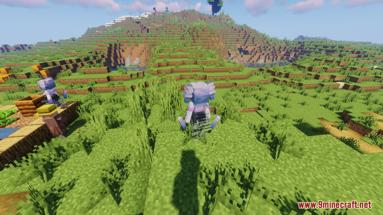 Breeze Girl Resource Pack Screenshot 8 Custom Breeze girl mob floating above a grassy field near a village farm