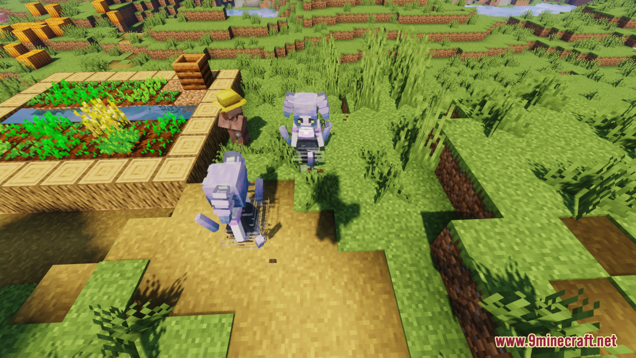 Breeze Girl Resource Pack Screenshot 9 Two feminine Breeze mobs standing near a farmer villager and a crop field