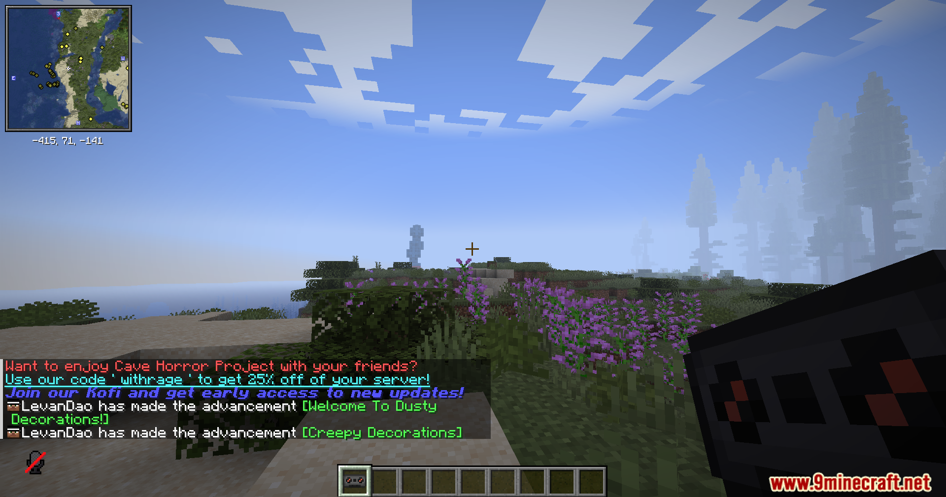 CHP Core Mod Screenshot 1 Player holding a black device with chat messages showing new advancements