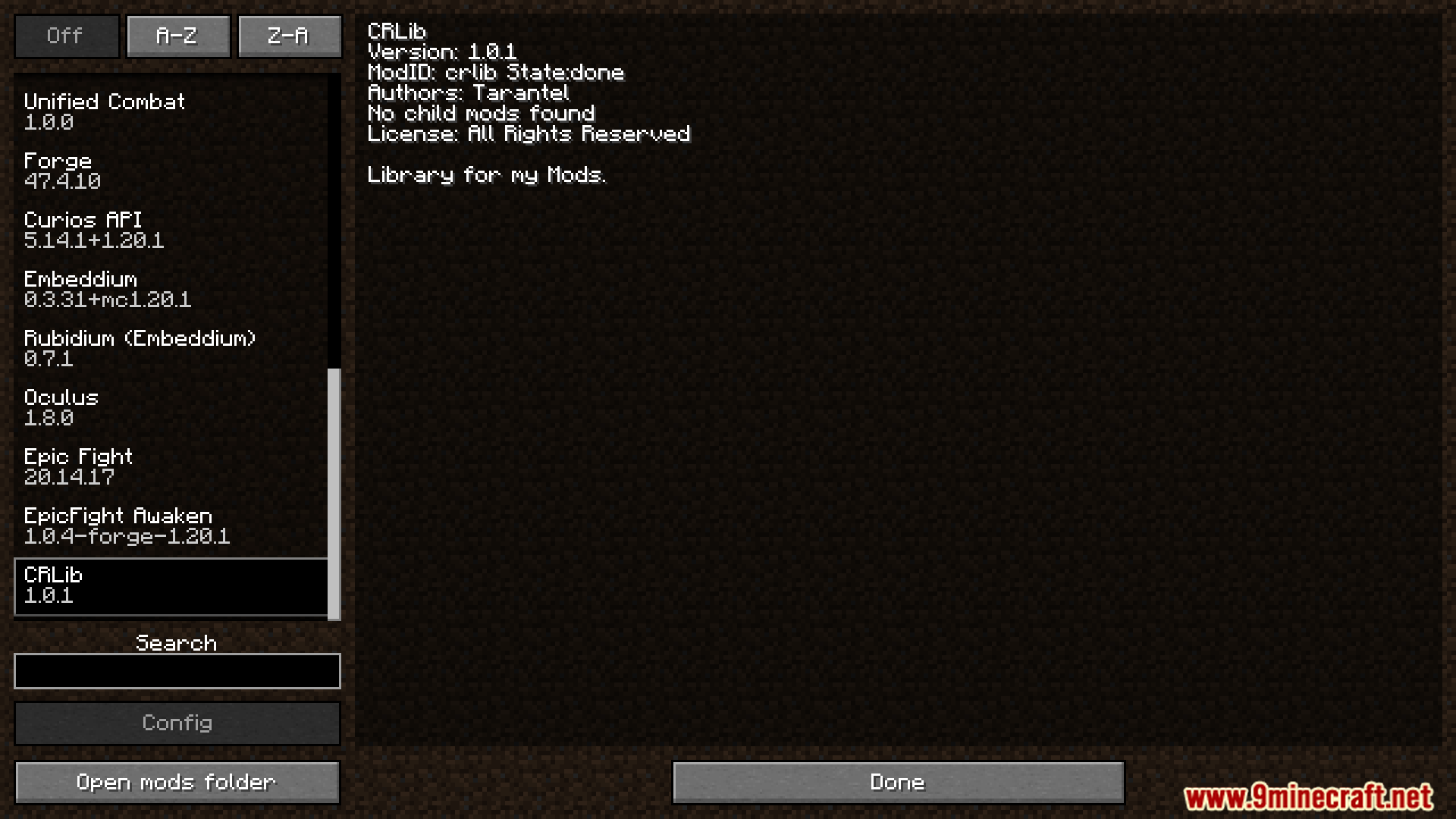 CRLib mod information displayed in the mods menu screen