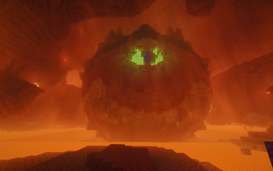 Giant red Cacodemon statue with a glowing green eye in the Nether dimension