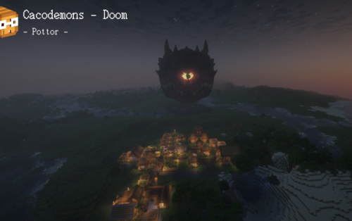 A giant red monster statue with a glowing eye floats over a village