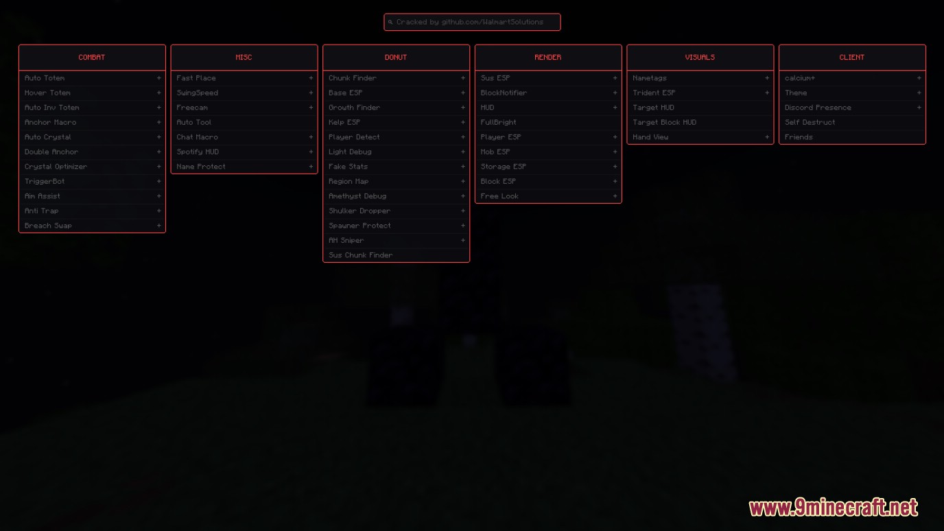 Calcium client mod user interface with cheat modules