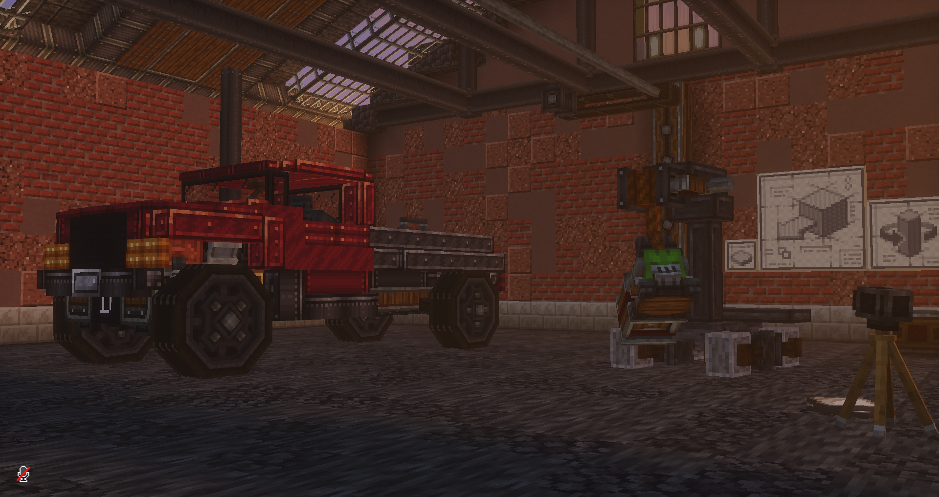 Cargo Pickup Truck Schematic Screenshots 1 Red cargo pickup truck parked next to a mechanical lift in a workshop