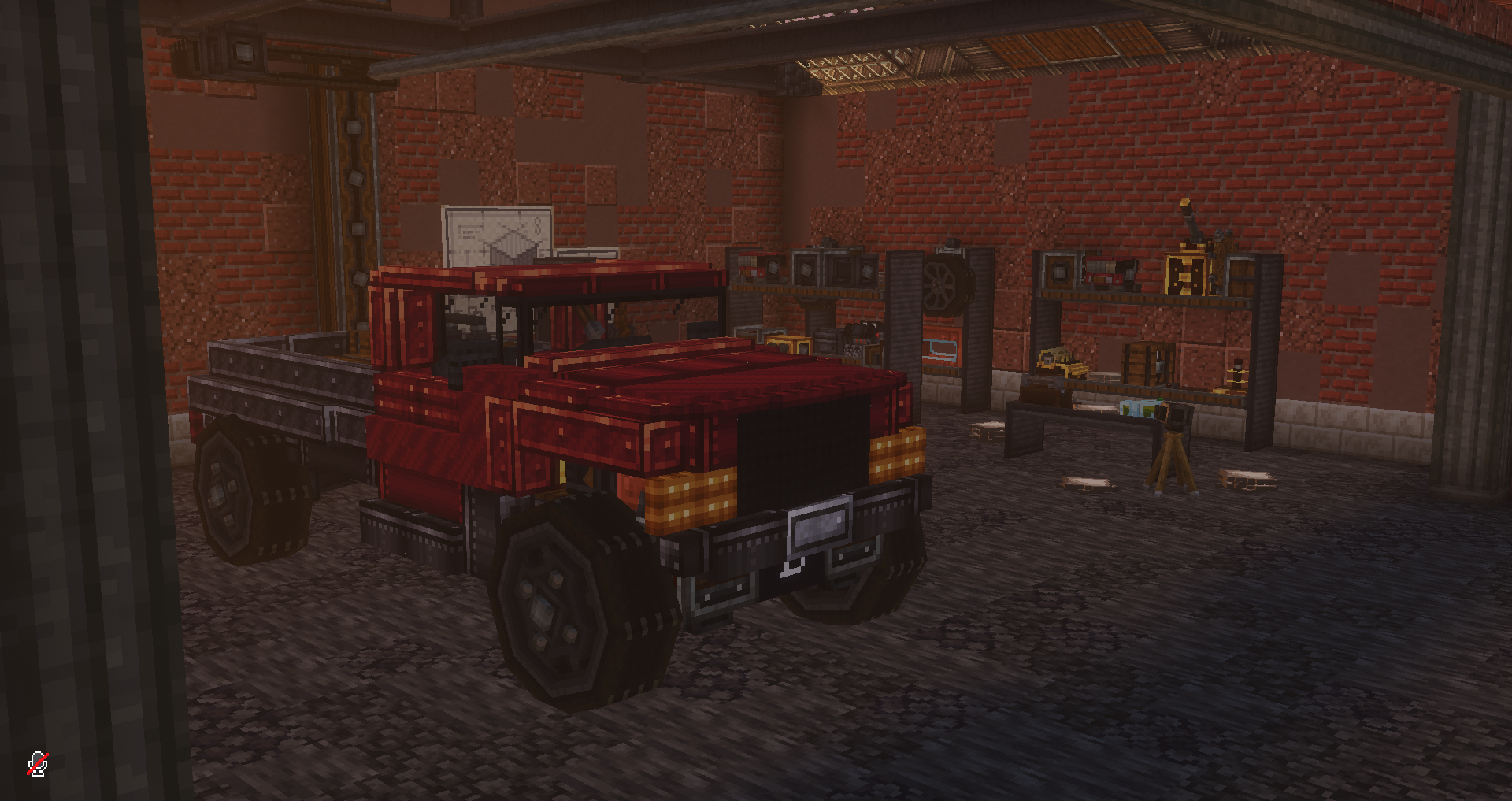 Cargo Pickup Truck Schematic Screenshots 2 Red cargo pickup truck parked inside a garage with brick walls and shelves