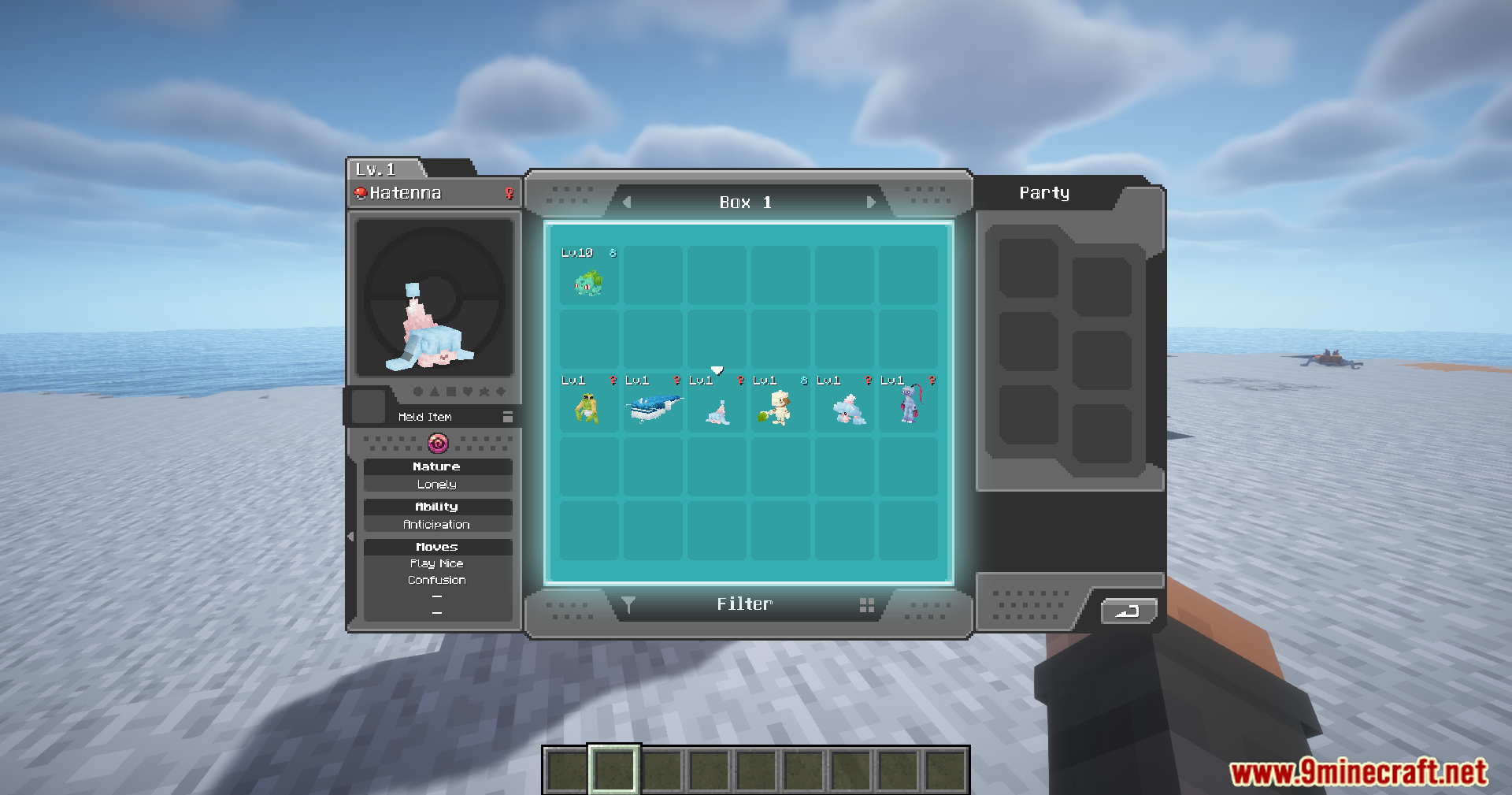 Player viewing a Hatenna in their Cobblemon PC box