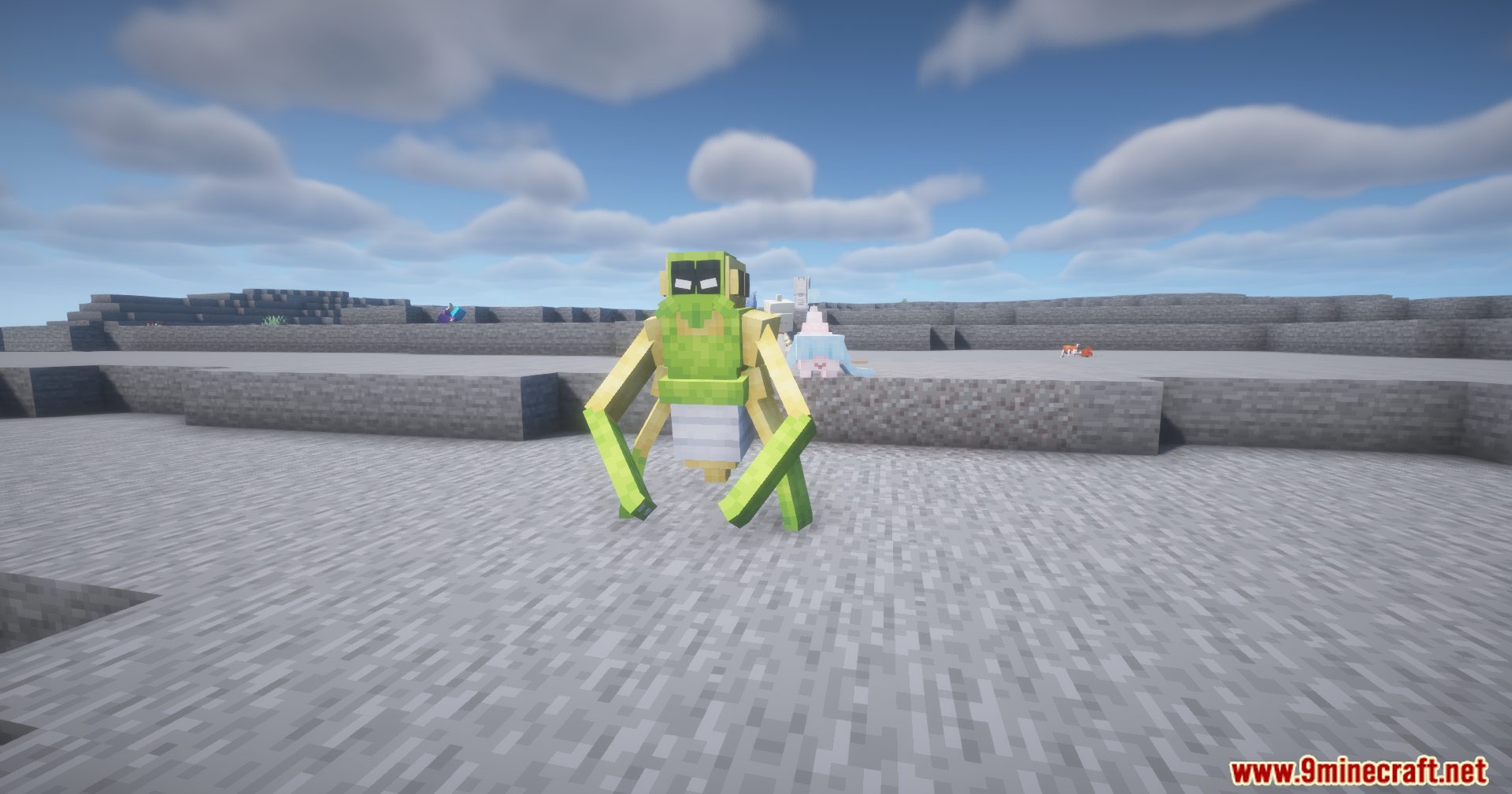 A green Spidops Pokemon stands on a sandy beach