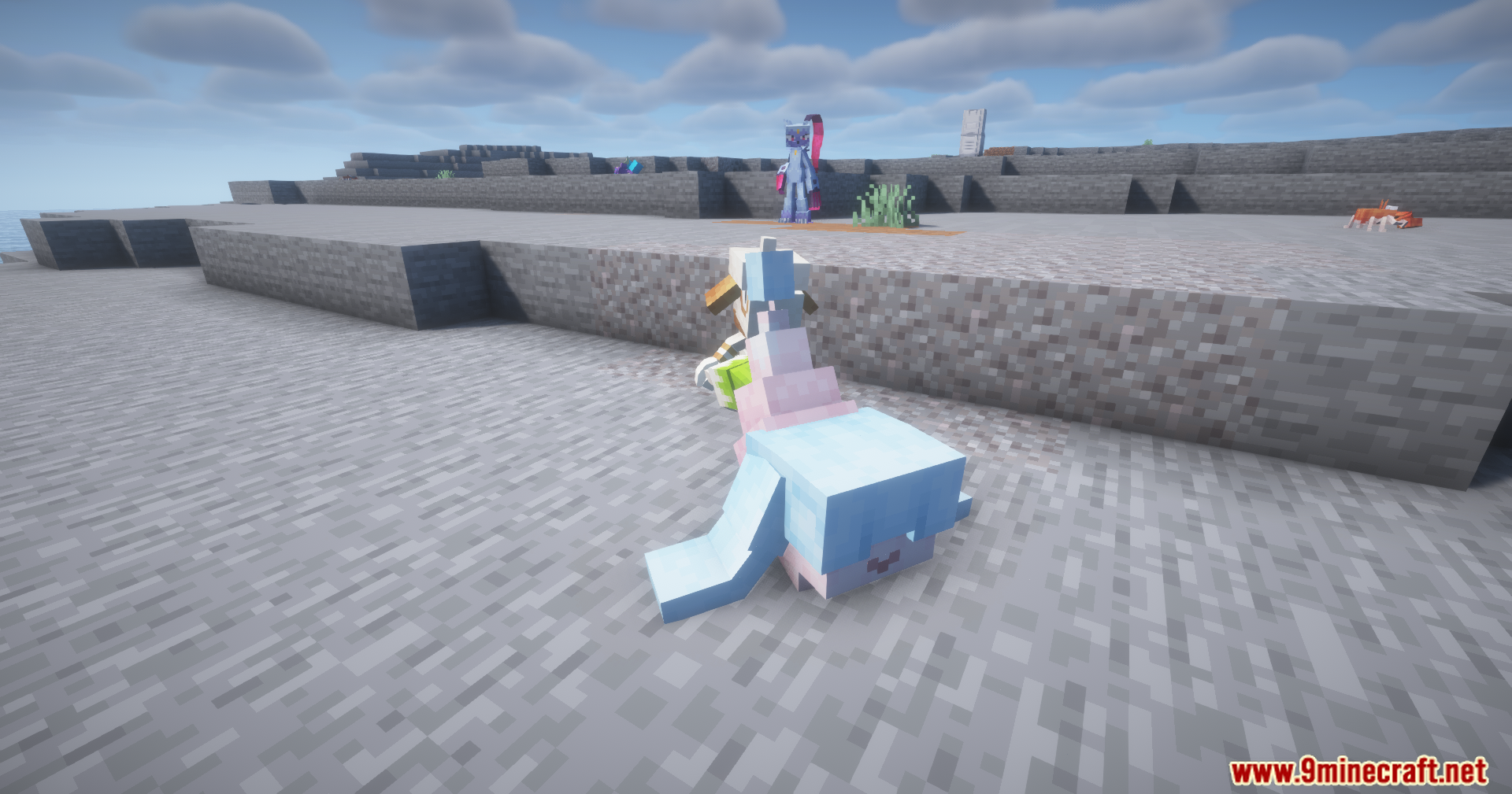 A Hatterene Pokemon rests on a gray sandy beach