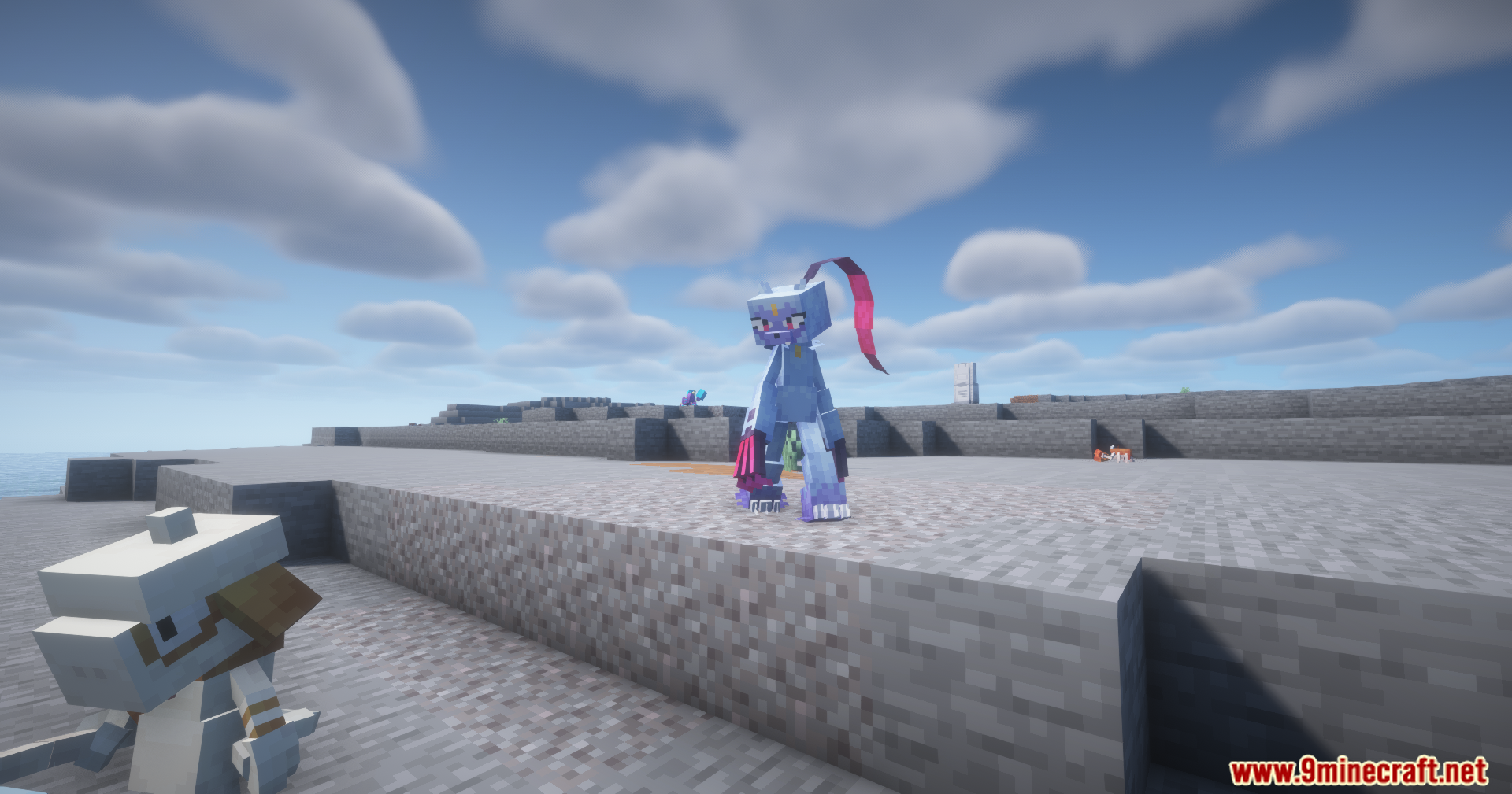 A blue Sneasler creature stands on a gray beach