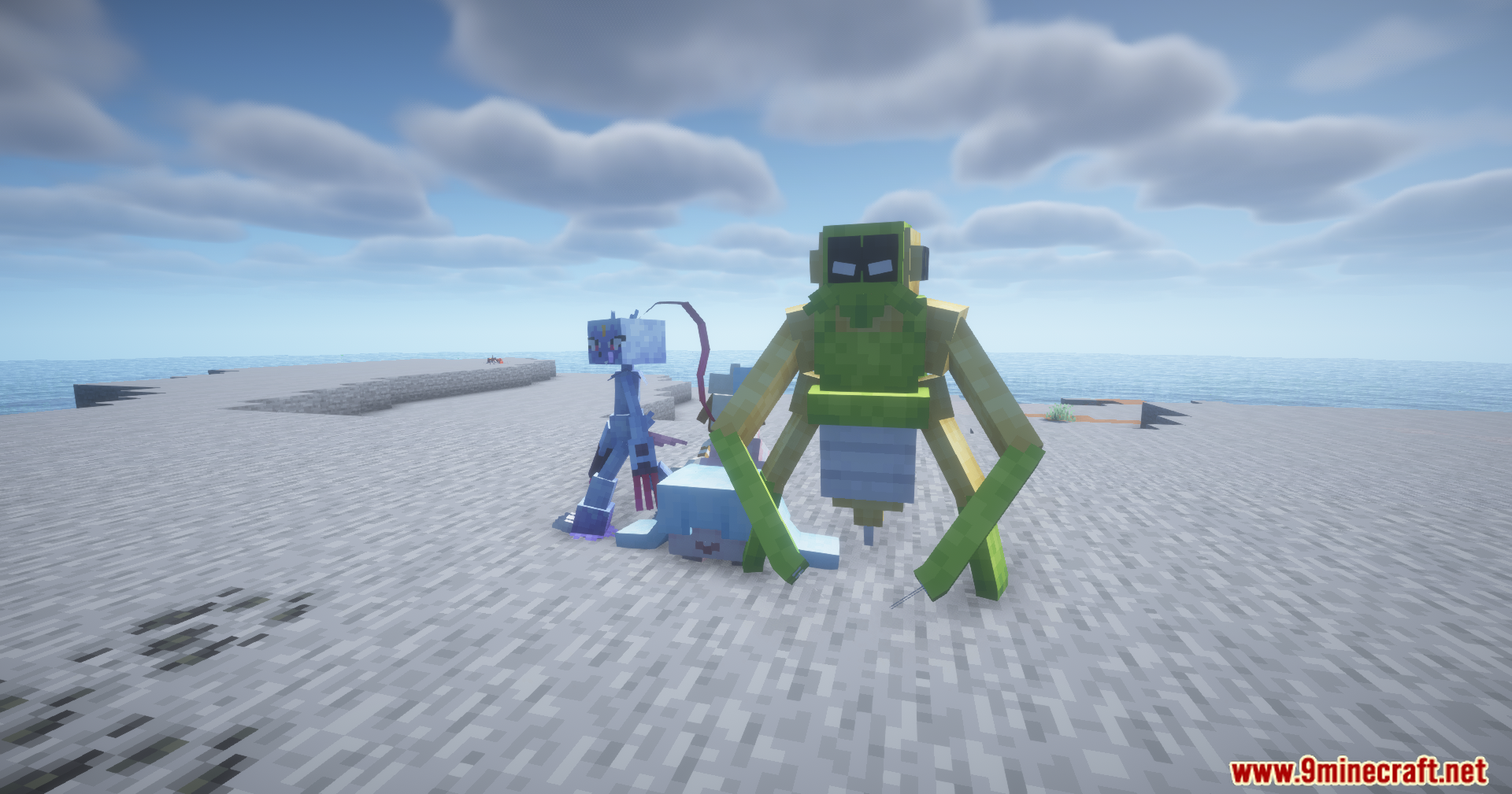 A green Spidops towers over a smaller blue creature