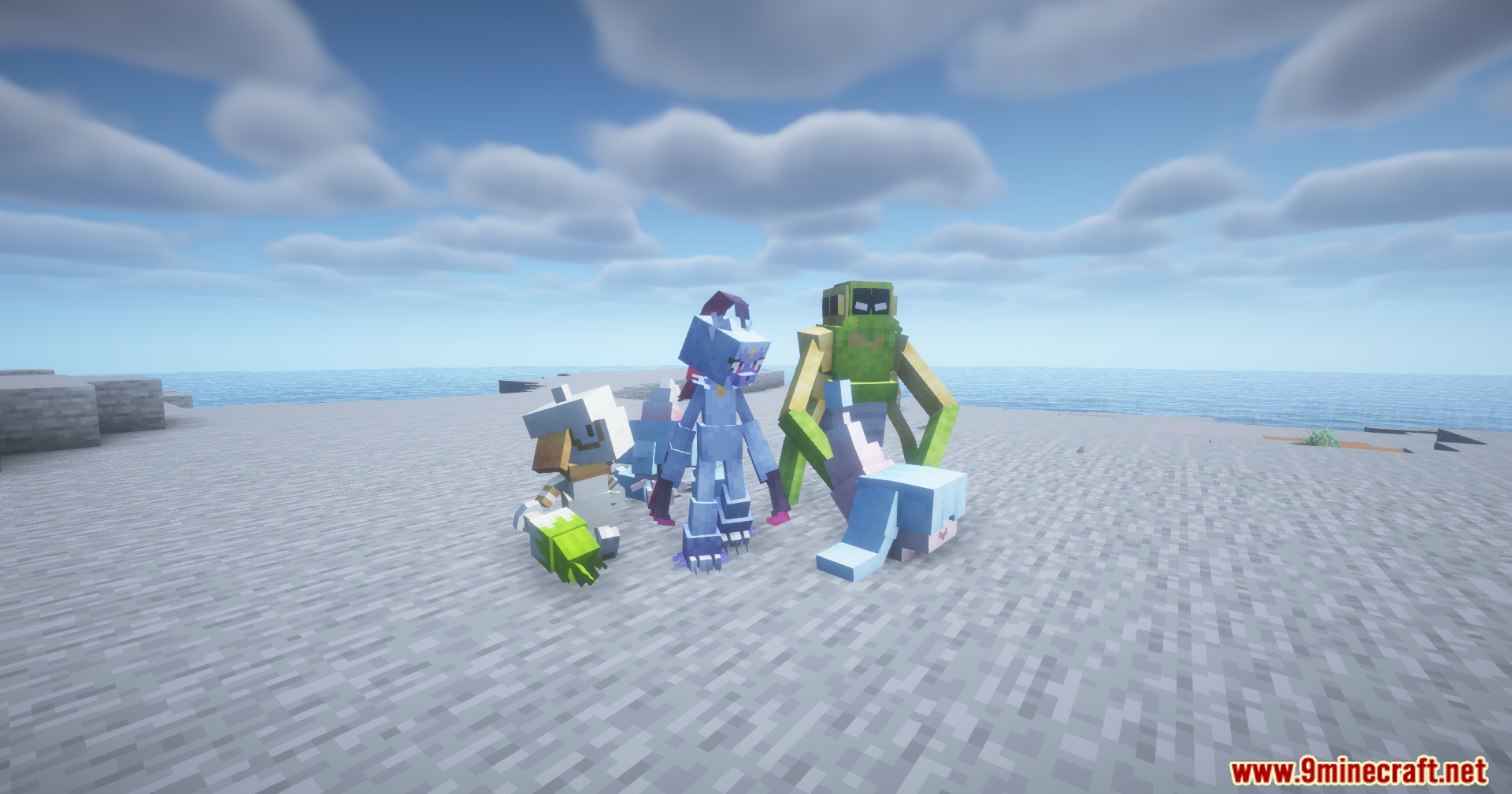 New Cobblemon creatures standing together on a sandy beach