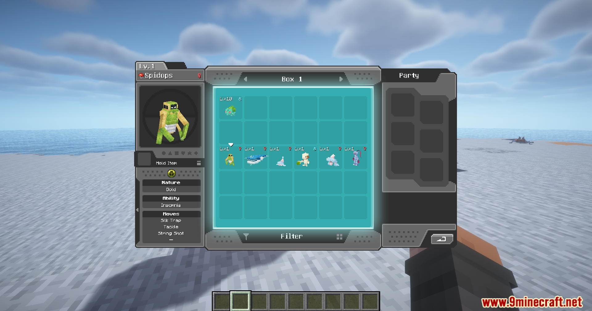 Viewing Spidops's stats in the Cobblemon storage interface