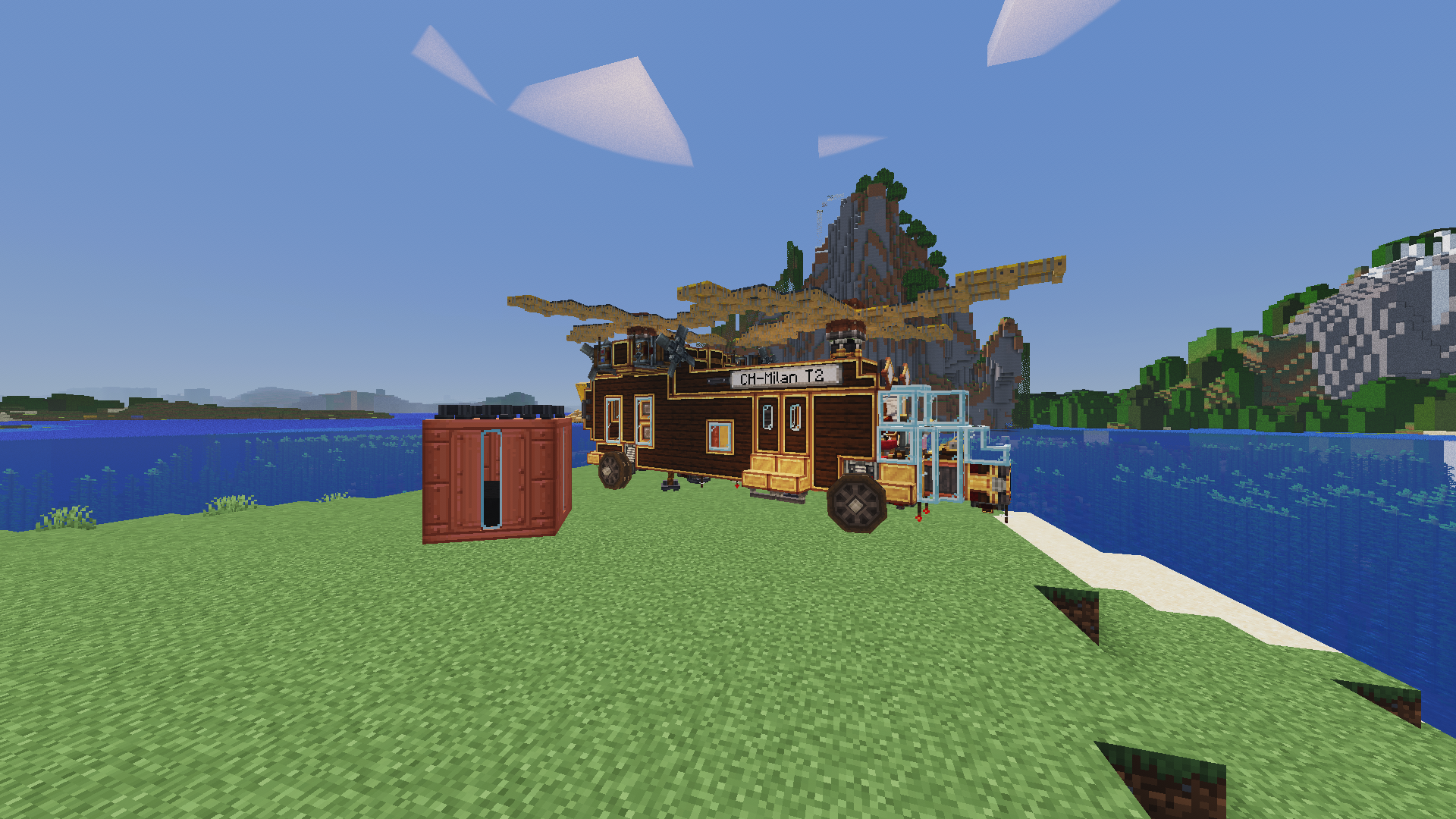 Ch Milan Schematic Screenshots 4 A large wooden cargo helicopter sits on a grassy field near a container