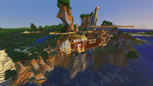 A large wooden cargo helicopter hovers over a scenic Minecraft mountain landscape