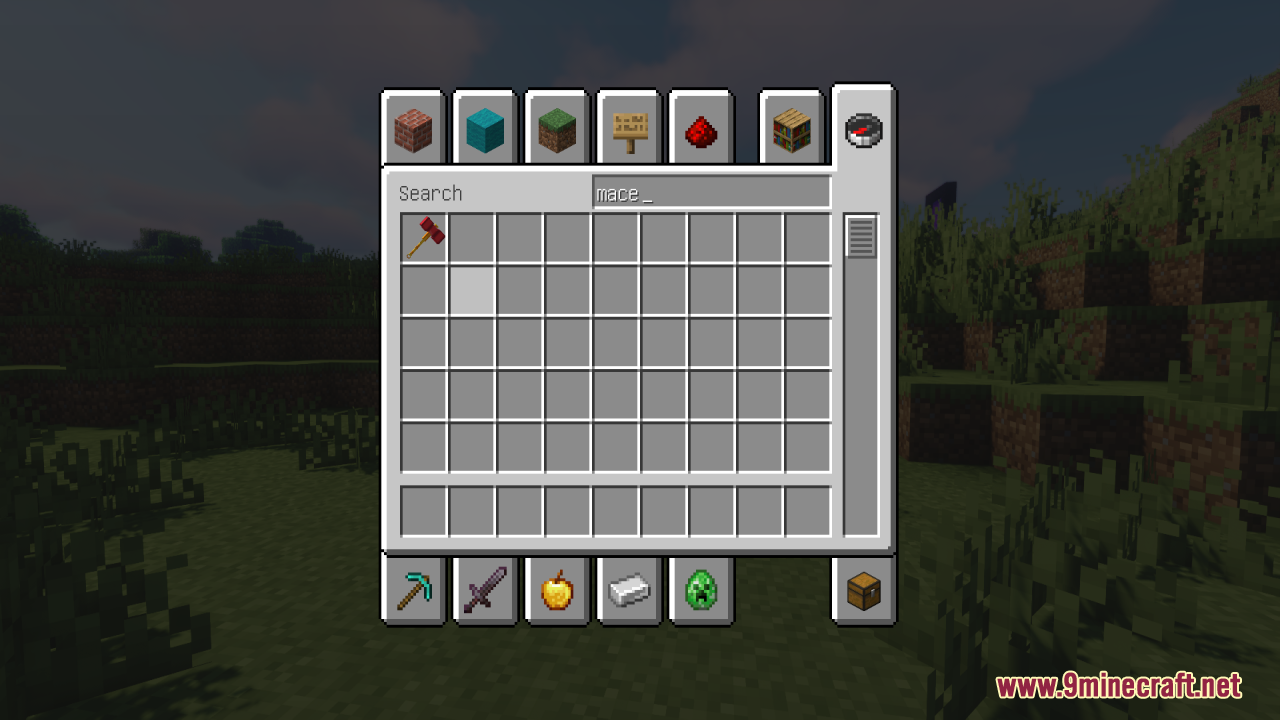 Creative inventory showing the custom red and yellow hammer replacing the mace