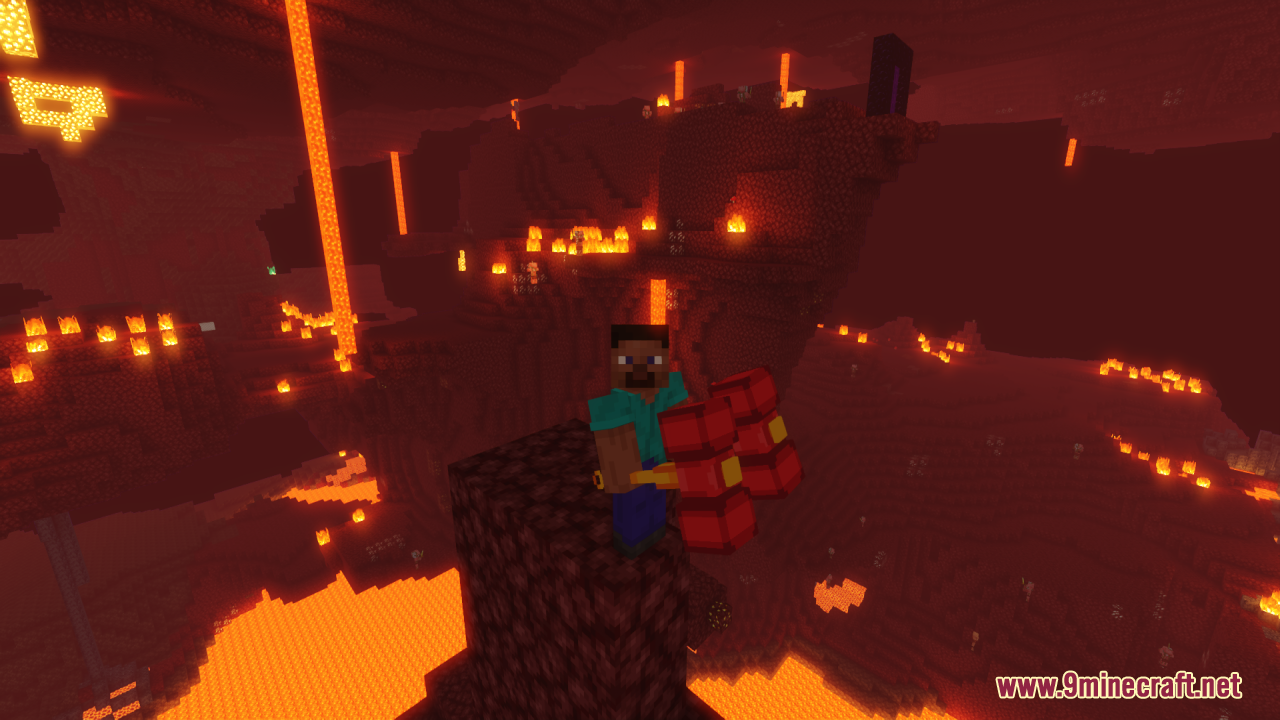Player holding the red and yellow Chipote Chillon hammer in the Nether