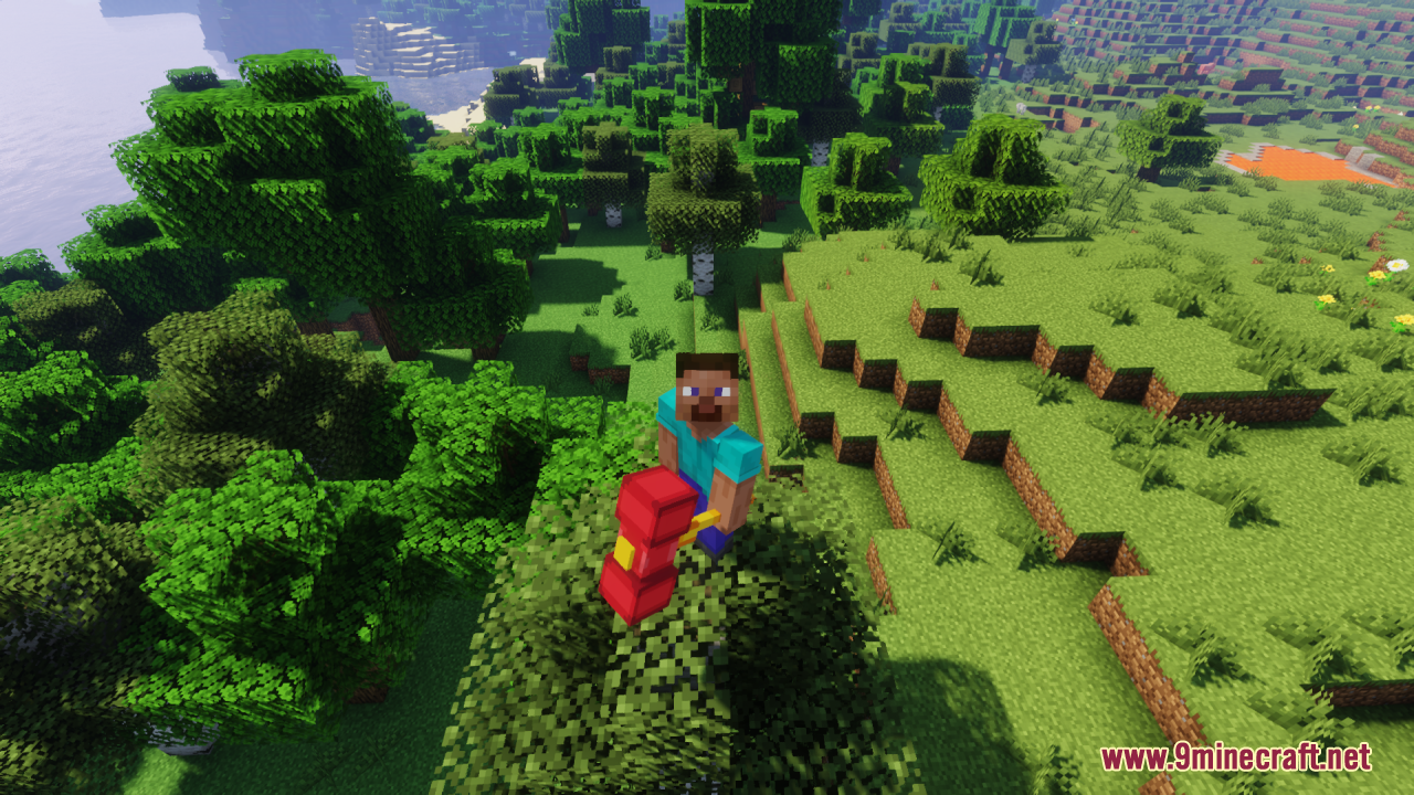 Player standing on a tree holding a large red and yellow hammer