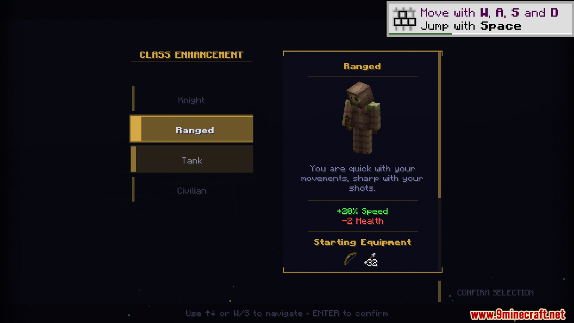 Selecting the Ranged class with unique stats and gear