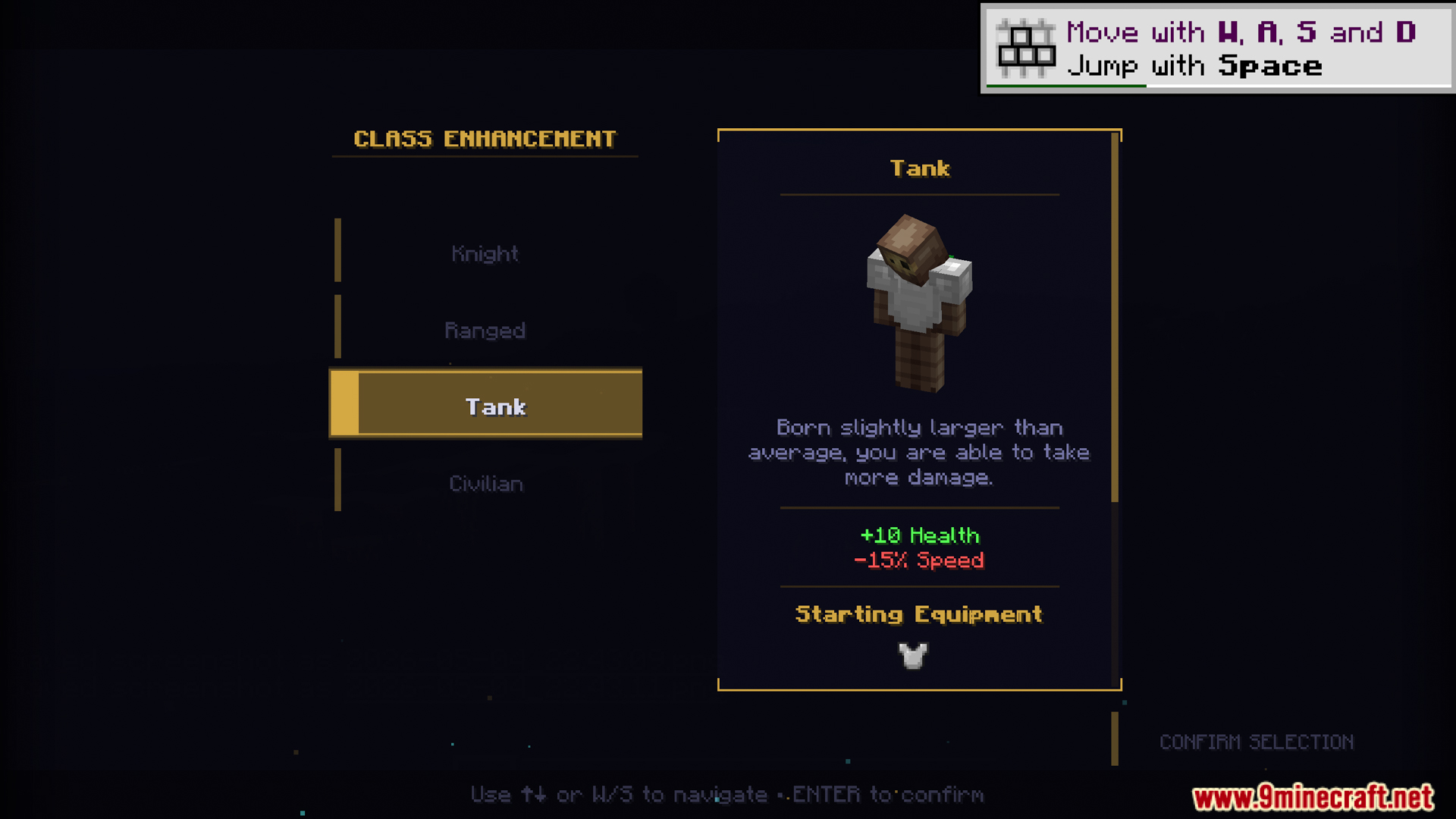 Selecting the Tank class in the Class Enhancement menu