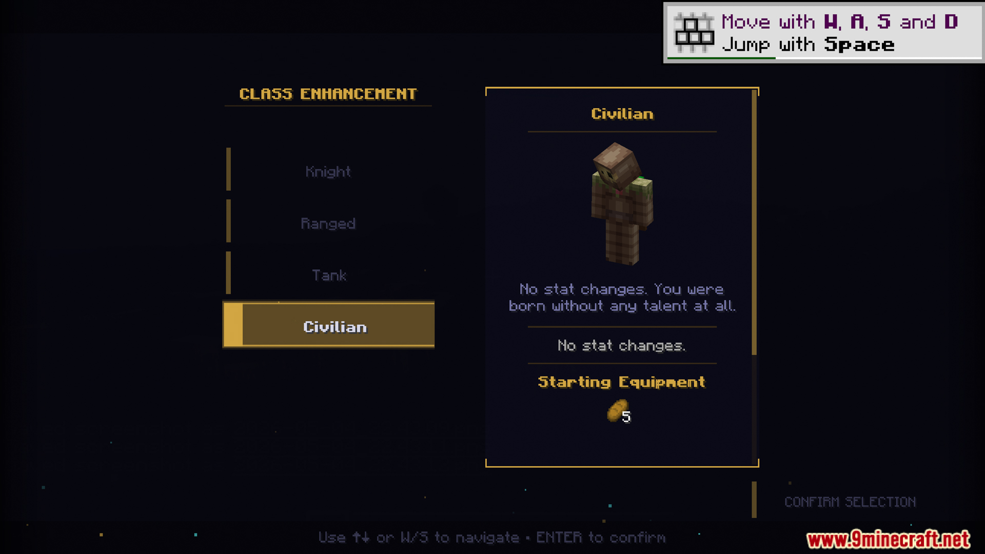 Choosing the Civilian class with no stat changes