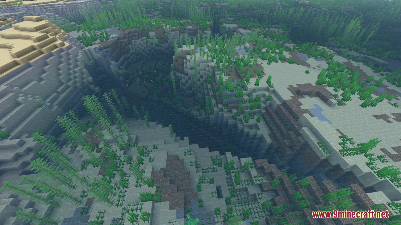 A deep underwater ravine seen through transparent ocean water