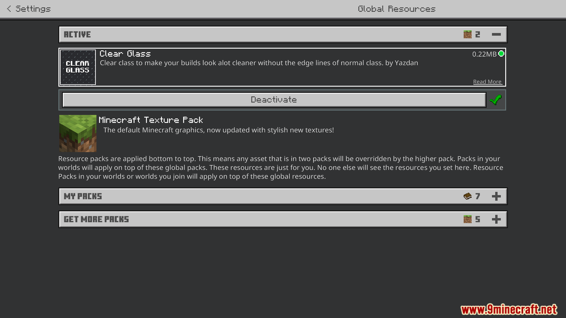 Clear Glass Texture Pack Screenshot 1 settings menu showing the active clear glass resource pack
