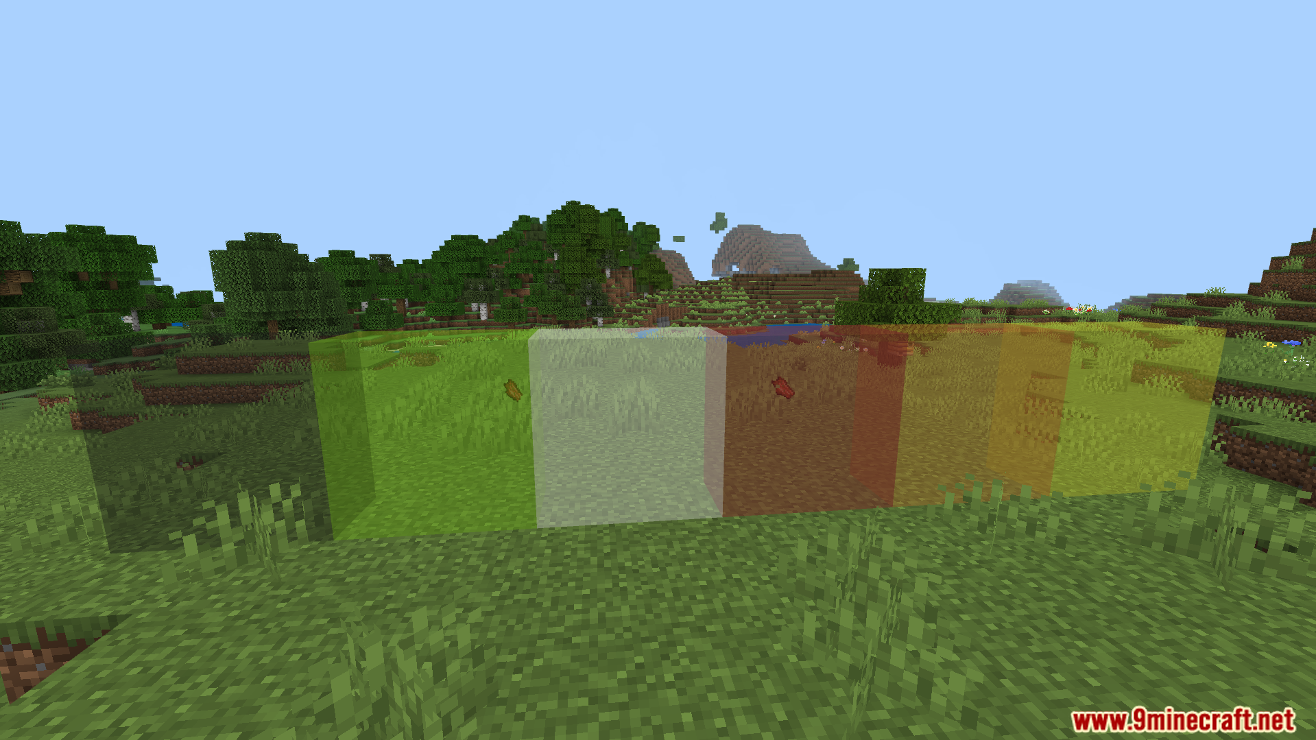 Clear Glass Texture Pack Screenshot 3 Different colored transparent glass blocks placed in a row on grass