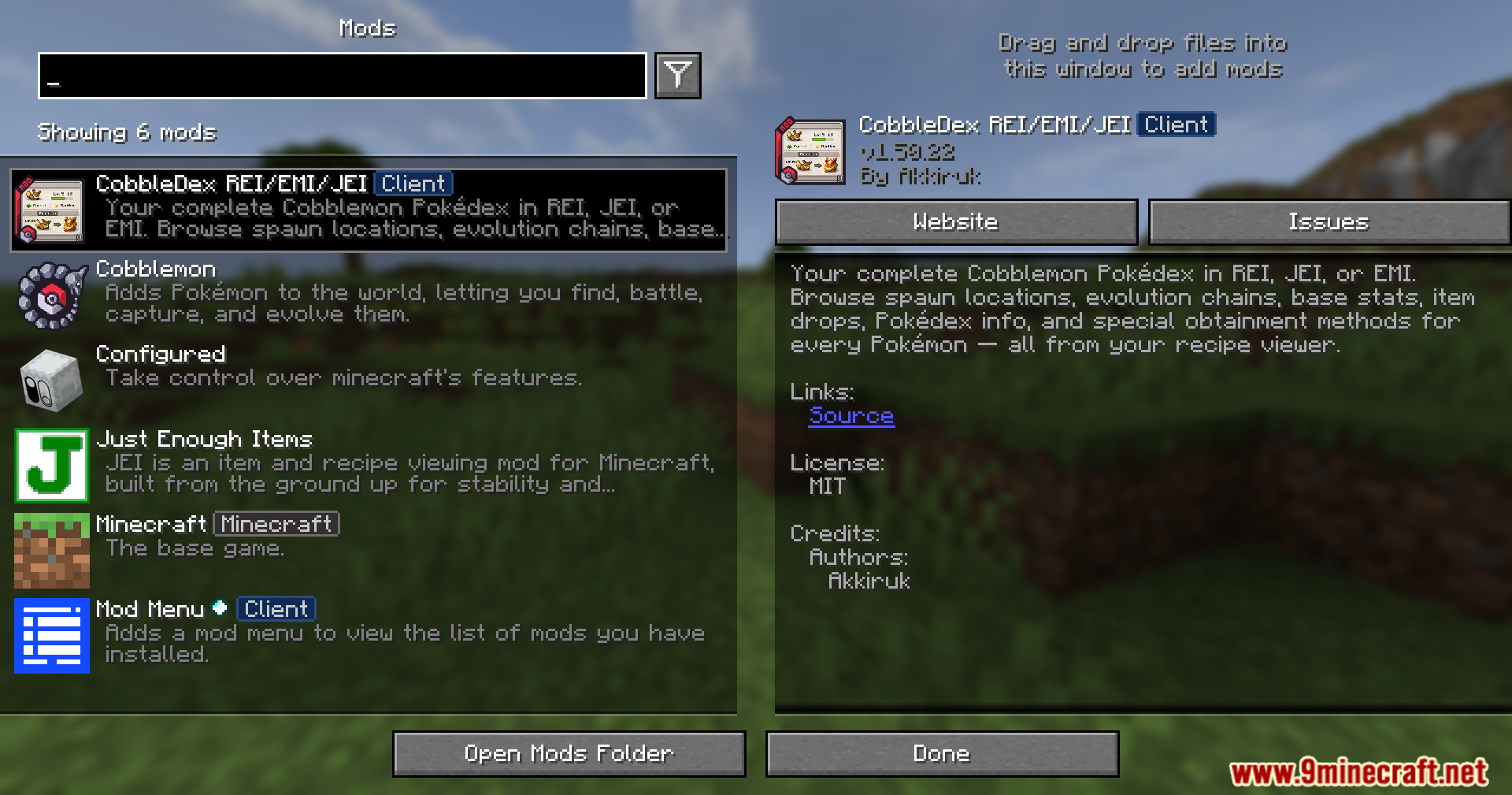CobbleDex mod information in the mods menu screen