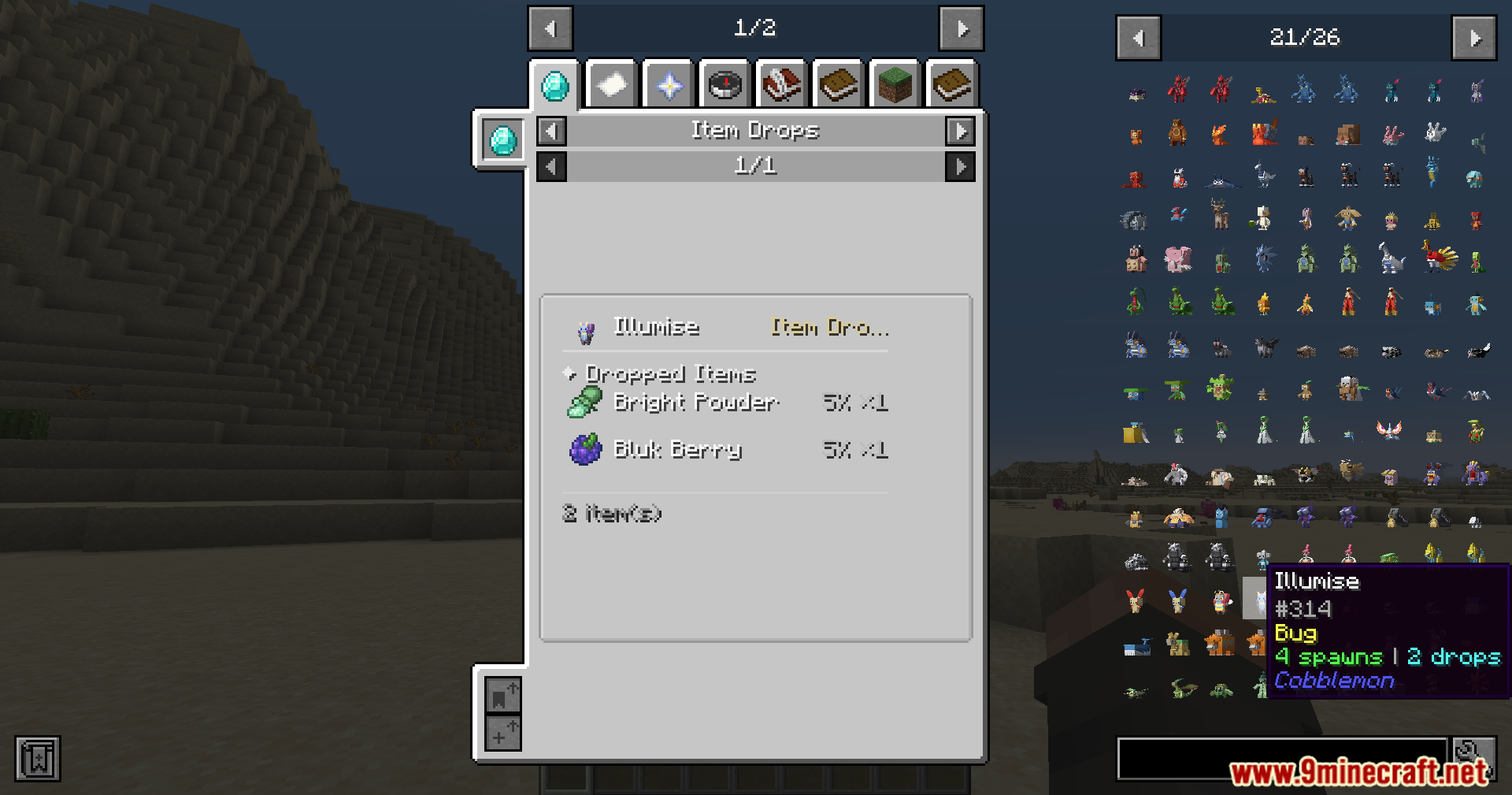 Cobbledex UI showing item drops for Illumise