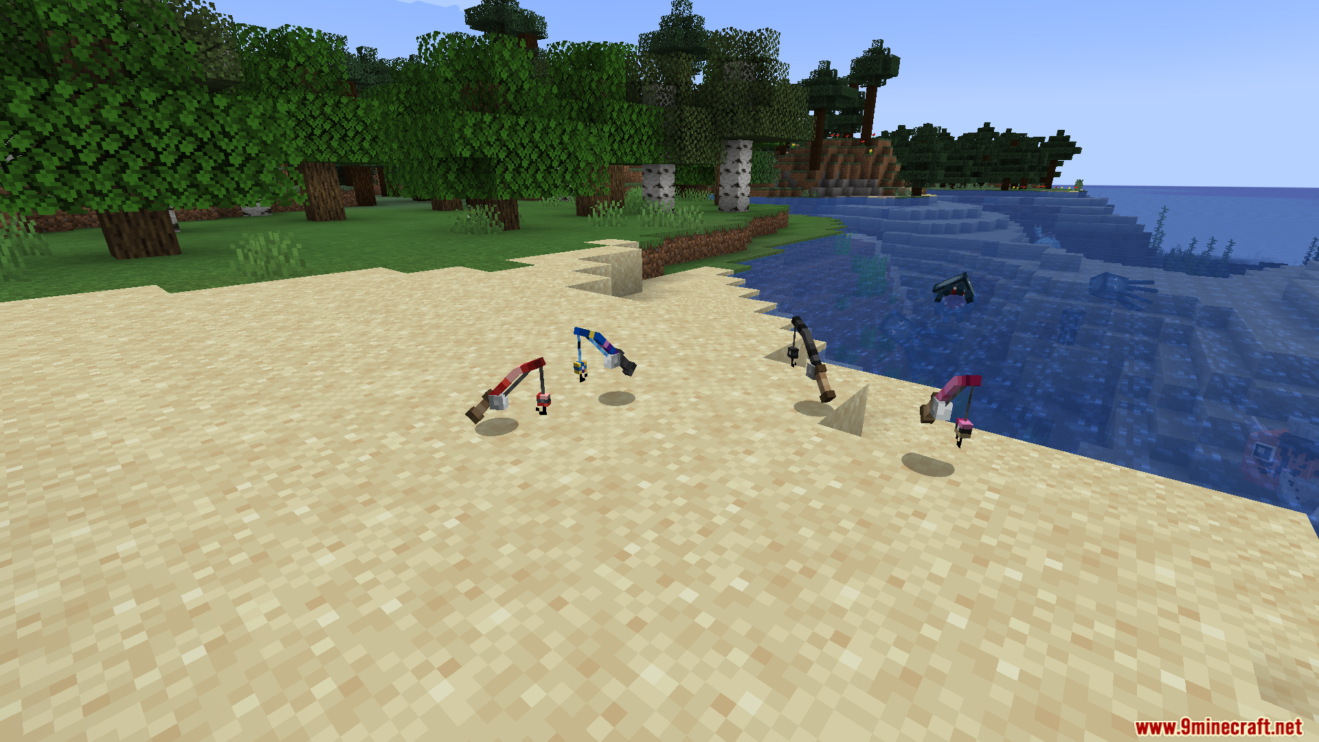 Four colorful 3D fishing rods cast on a beach