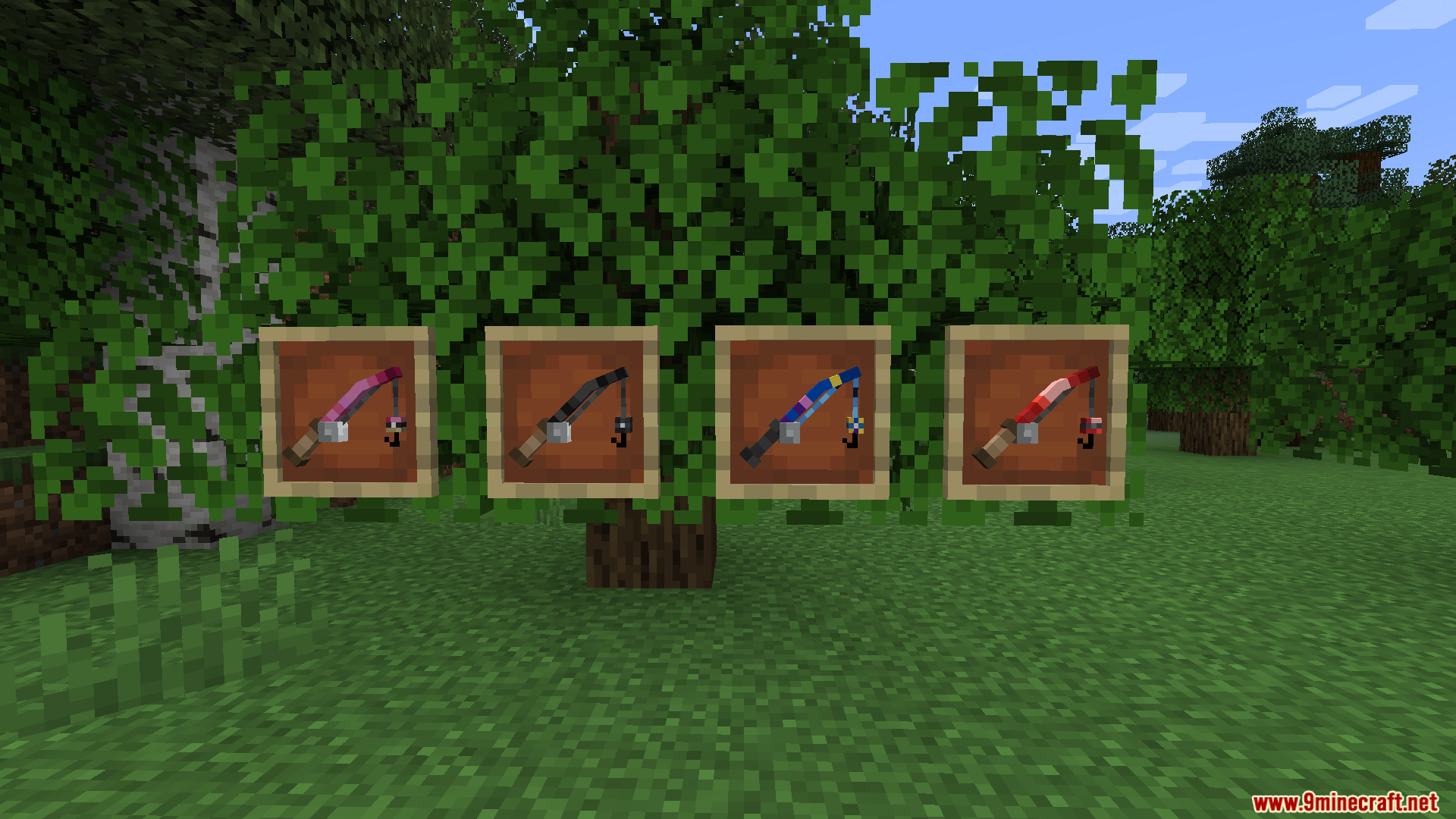 Four colorful 3D fishing rods displayed in item frames