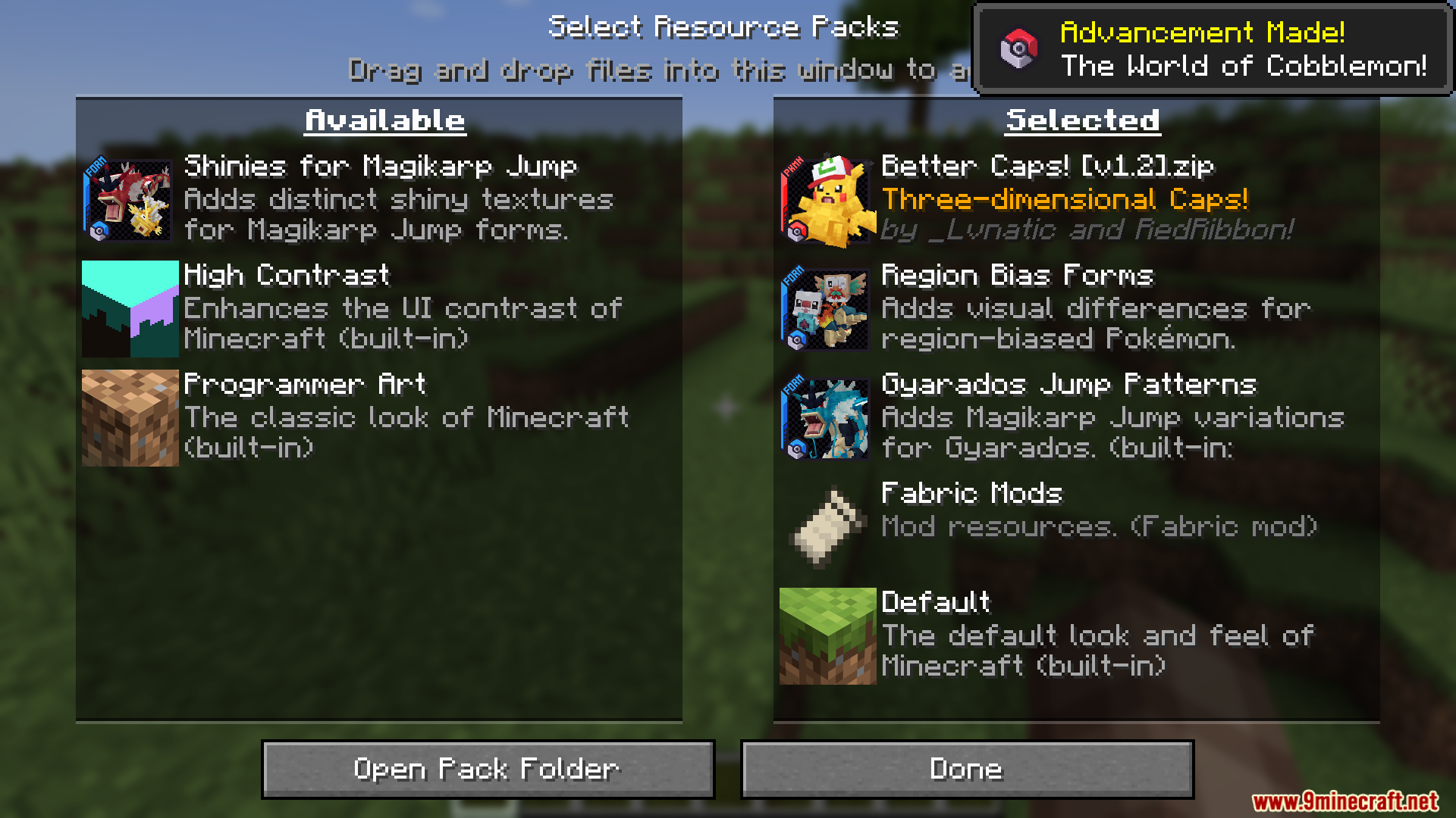 Selecting the Better Caps resource pack for Cobblemon