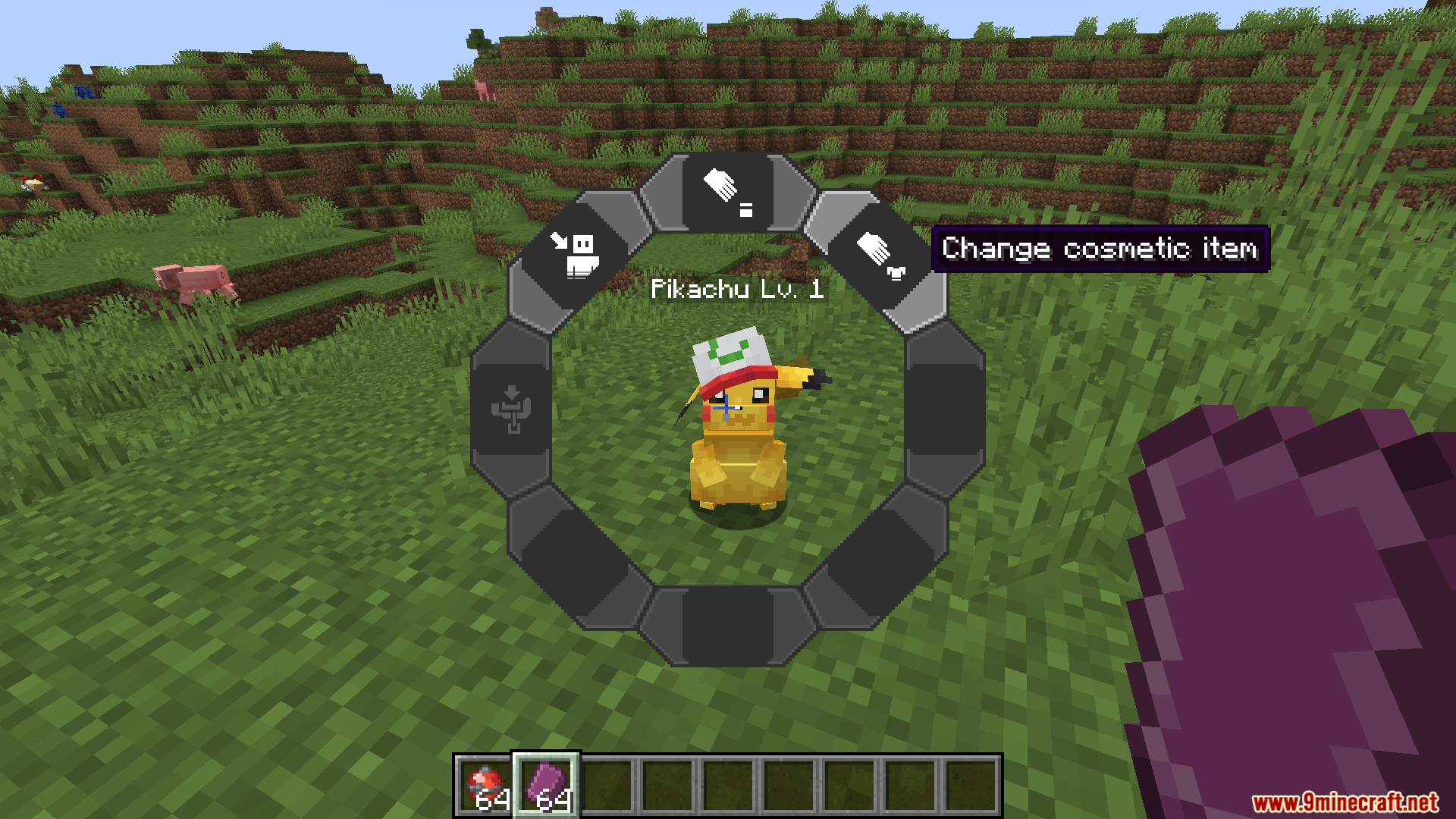 Changing a Pikachu's cosmetic item with the radial menu