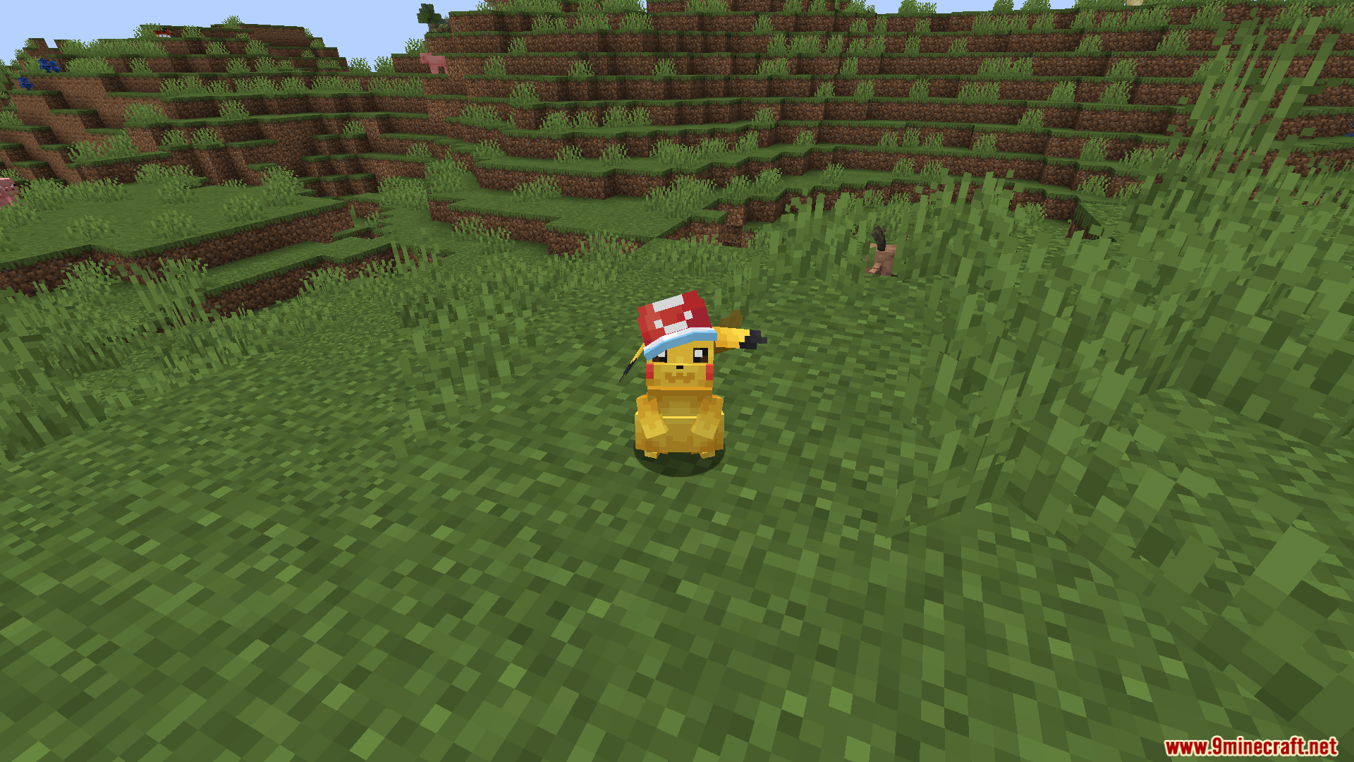 A close up view of a Pikachu wearing a 3D modeled cap