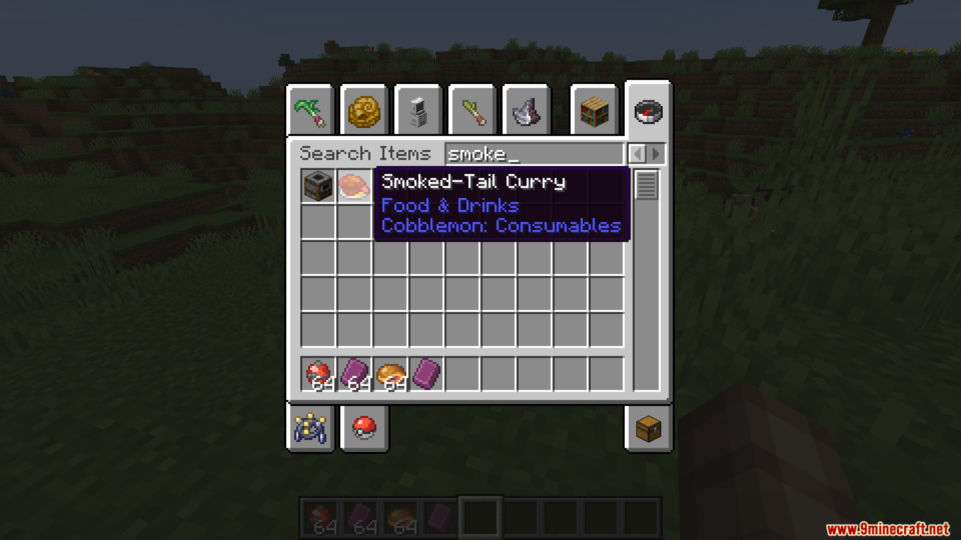 Searching for the Smoked Tail Curry item in the Cobblemon inventory