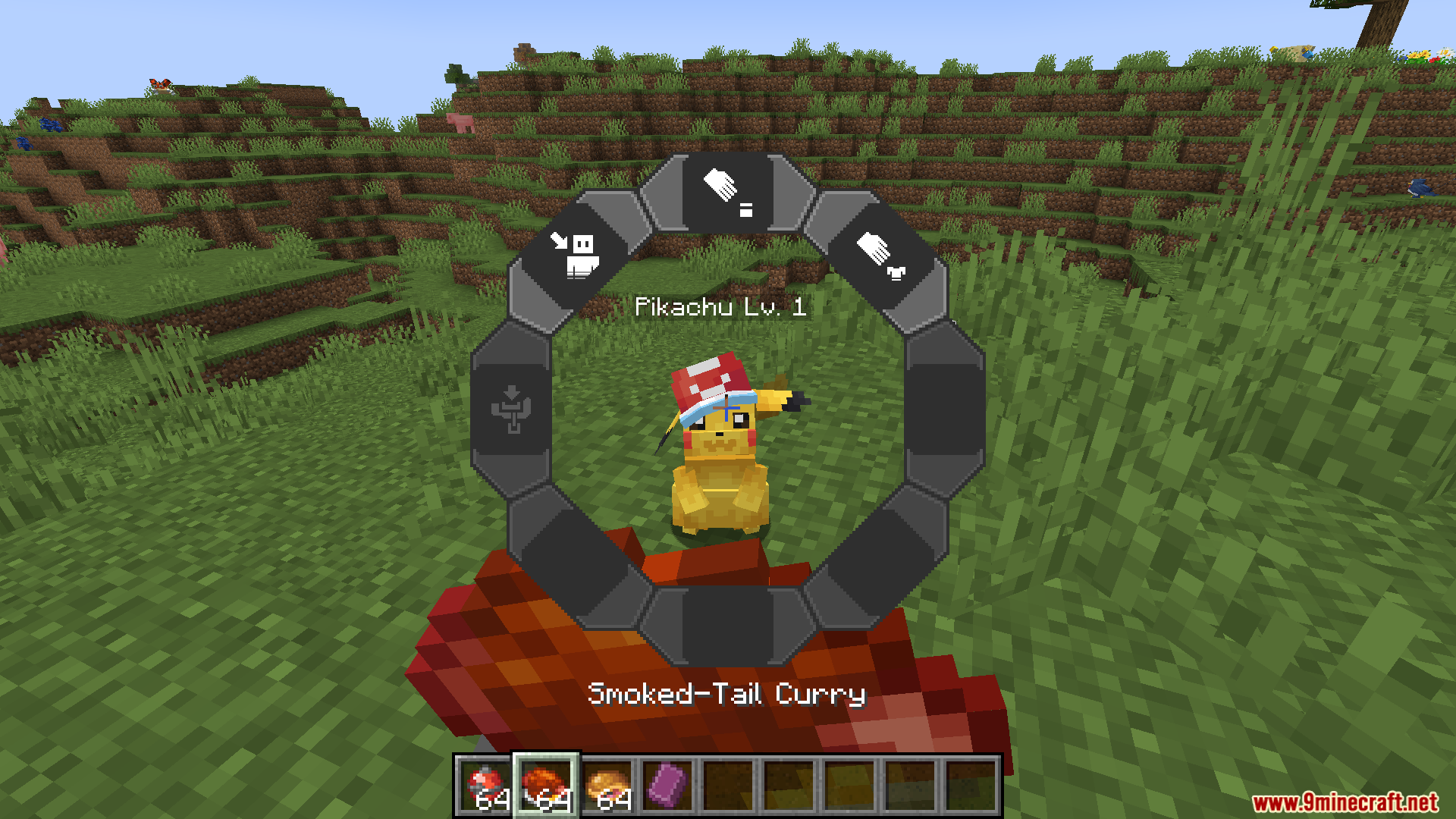 Giving Smoked Tail Curry to a Pikachu using a radial menu