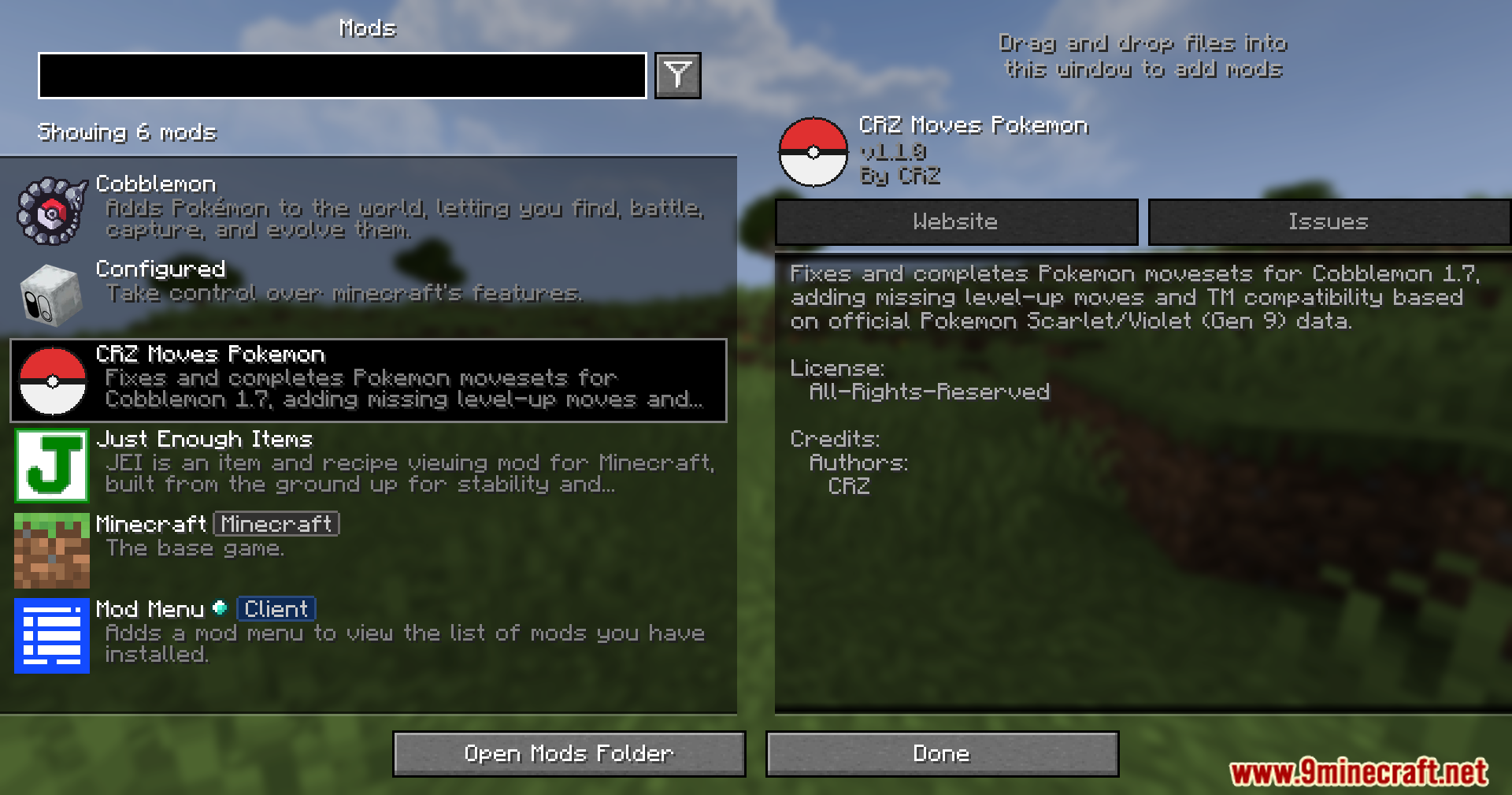 Cobblemon CRZ Moves Pokemon Mod Screenshot 1 Viewing the CRZ Moves Pokemon mod details inside the game mod menu
