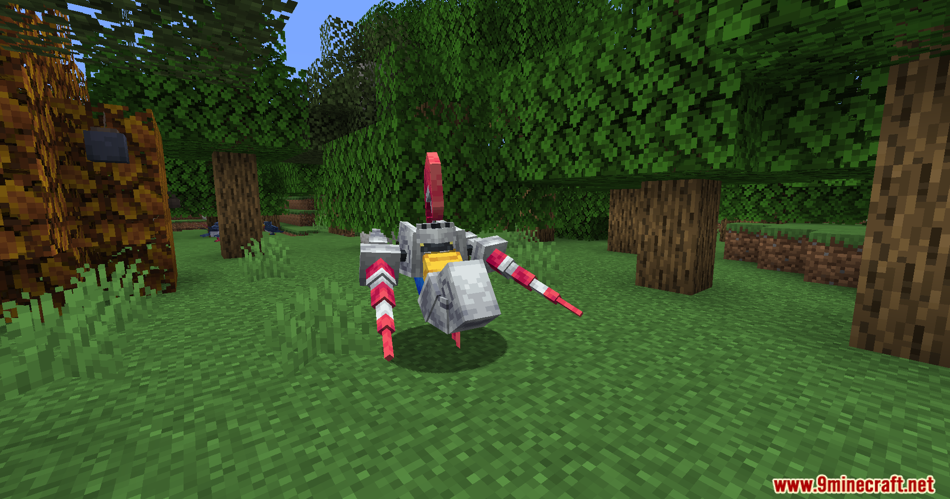 Cobblemon CRZ Moves Pokemon Mod Screenshot 13 Escavalier Pokemon model standing on grass in a Minecraft forest environment