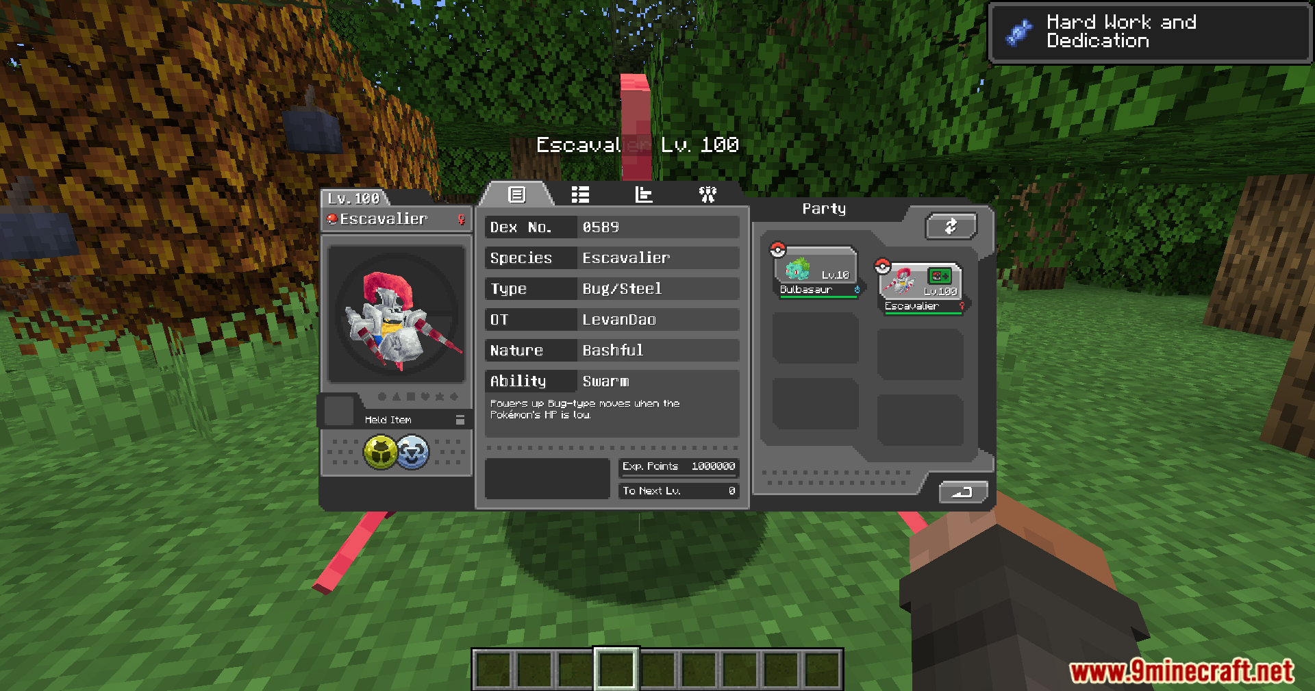 Cobblemon CRZ Moves Pokemon Mod Screenshot 14 Player viewing the detailed stats and summary screen for an Escavalier Pokemon