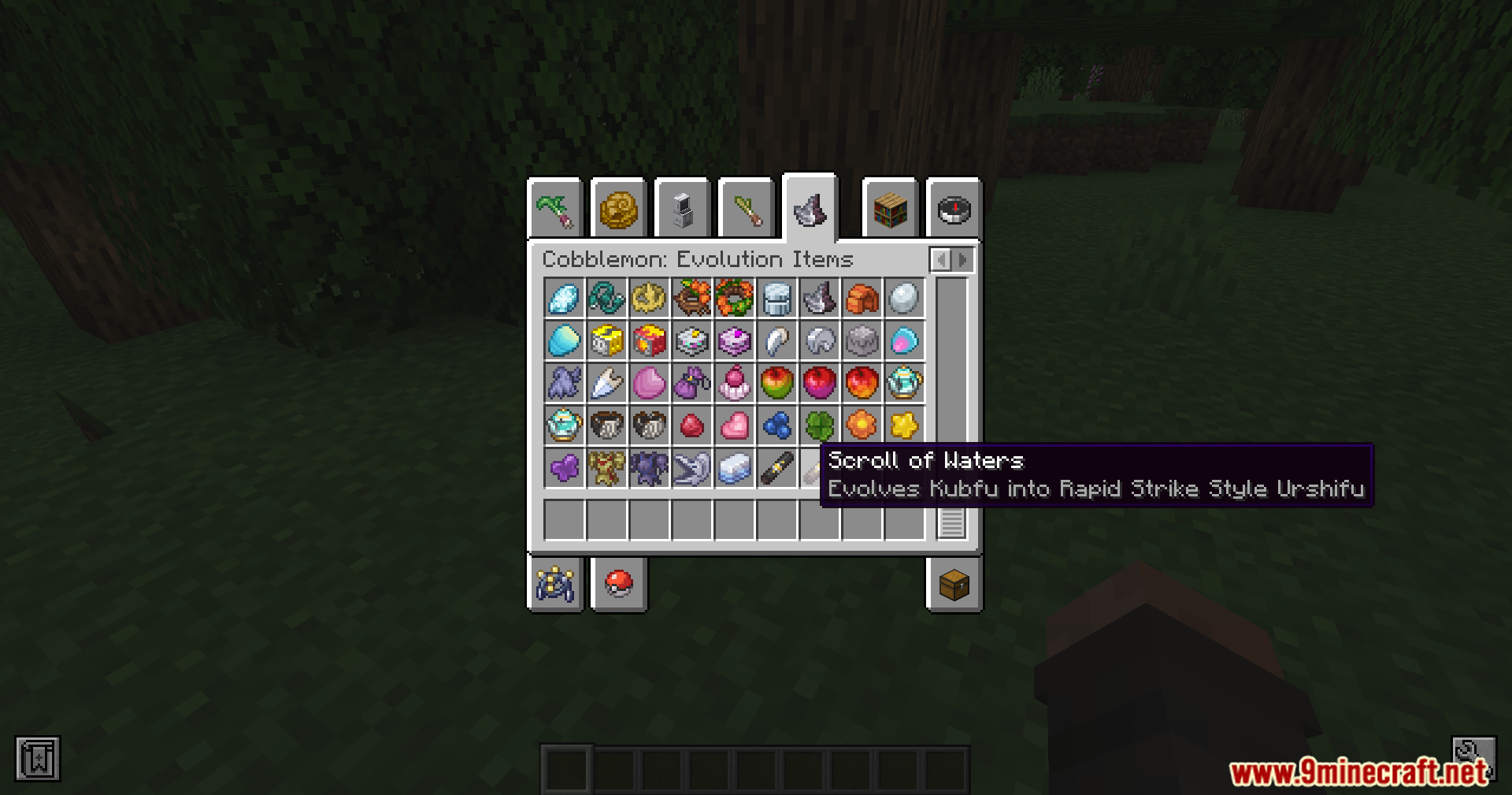 Cobblemon CRZ Moves Pokemon Mod Screenshot 2 Creative inventory showing the Scroll of Waters item for evolving Kubfu