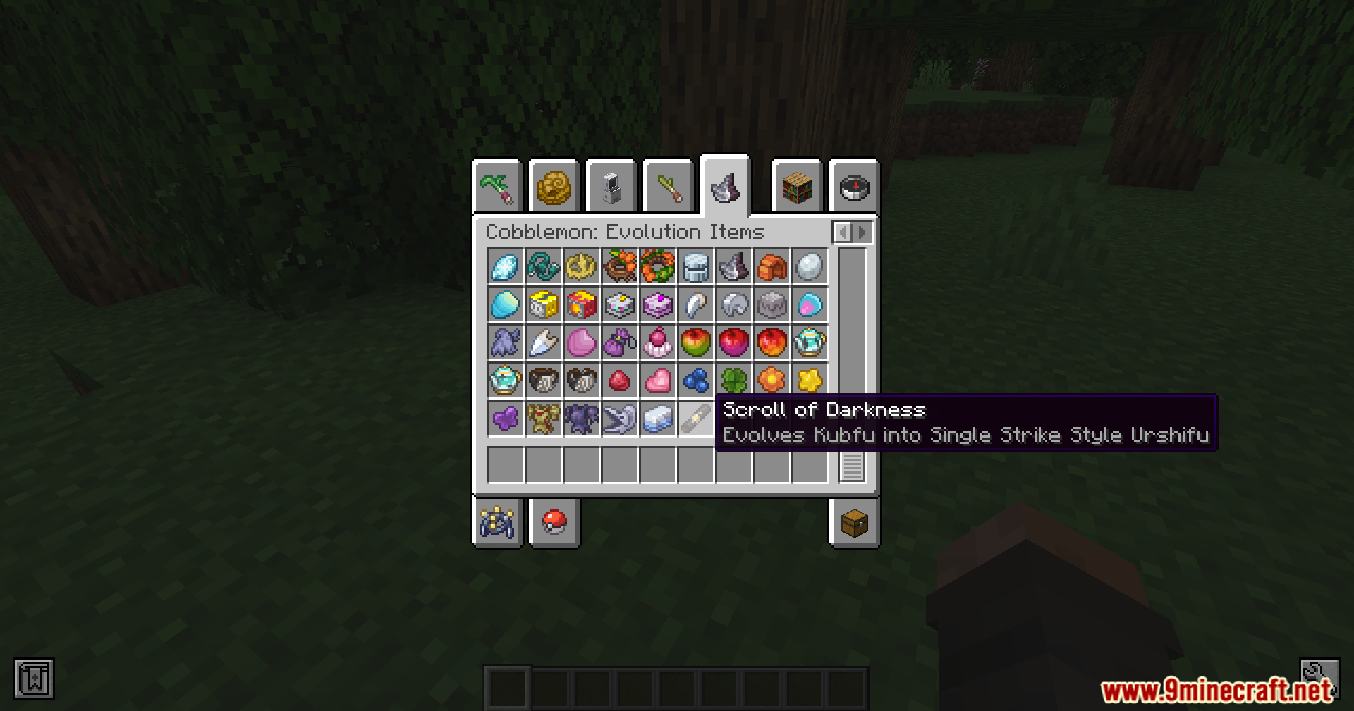 Cobblemon CRZ Moves Pokemon Mod Screenshot 3 Hovering over the Scroll of Darkness in the Cobblemon Evolution Items inventory