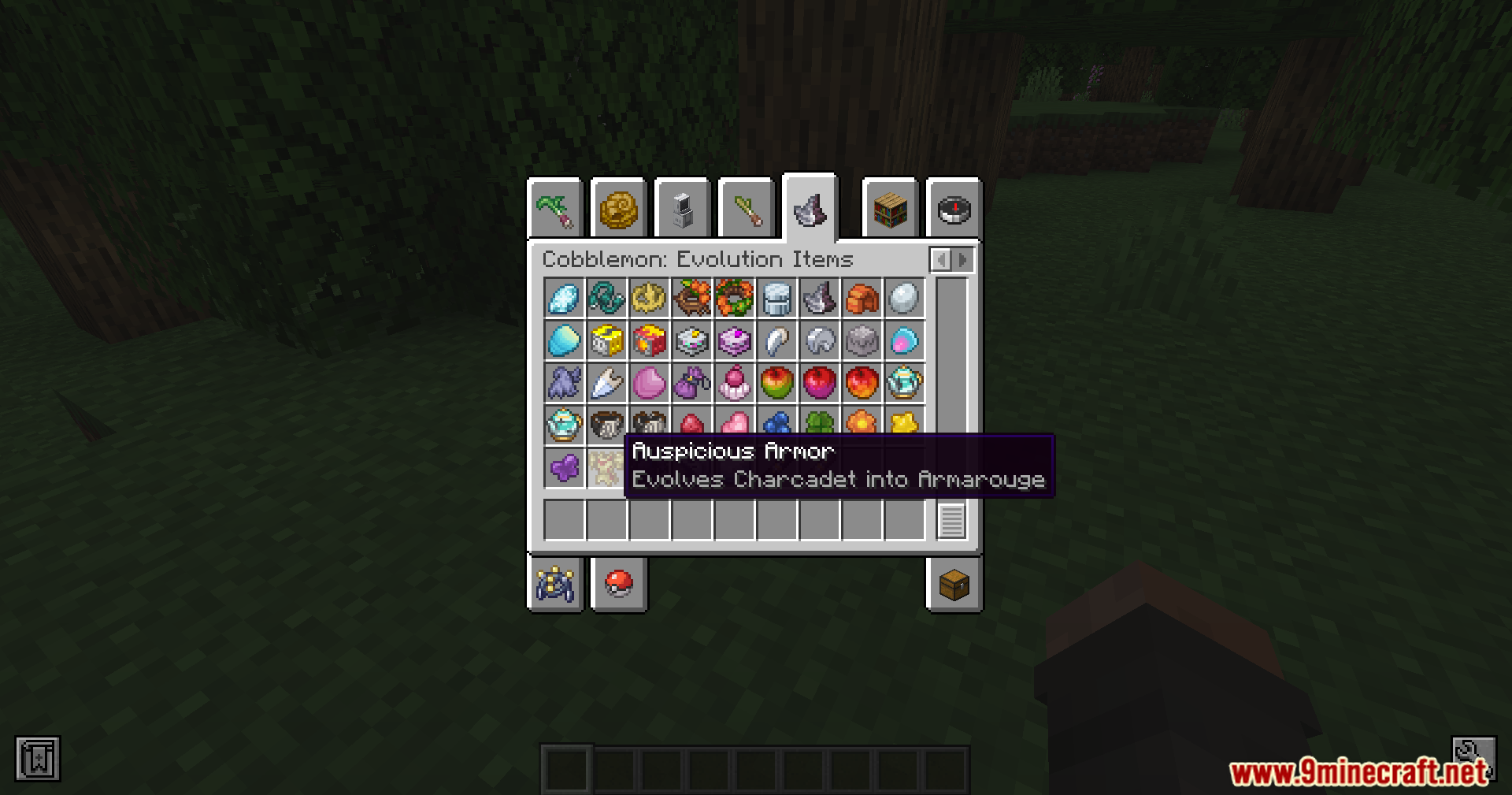 Cobblemon CRZ Moves Pokemon Mod Screenshot 5 Player viewing Cobblemon Evolution Items tab showing Auspicious Armor description